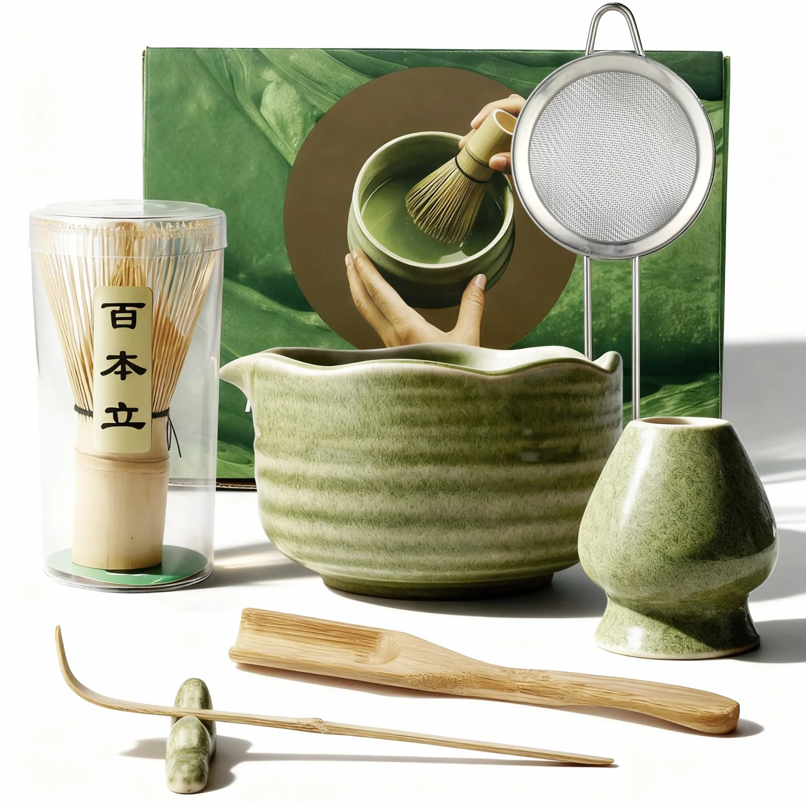 Matcha set – Matcha Kit de 6 piezas, incluye batidor de matcha, colador de acero inoxidable, cuenco para matcha, 2 cucharas de matcha y soporte de cerámica. Ideal para los amantes del matcha