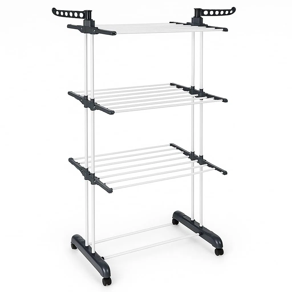 T-LOVENDO.ES Tendedero Vertical Plegable De Alta Capacidad de Ropa - 4 Niveles con Barras de Acero Inoxidable con Dos Alas Laterales Amplio Espacio para Secar. Ruedas Incluidas. Gris.