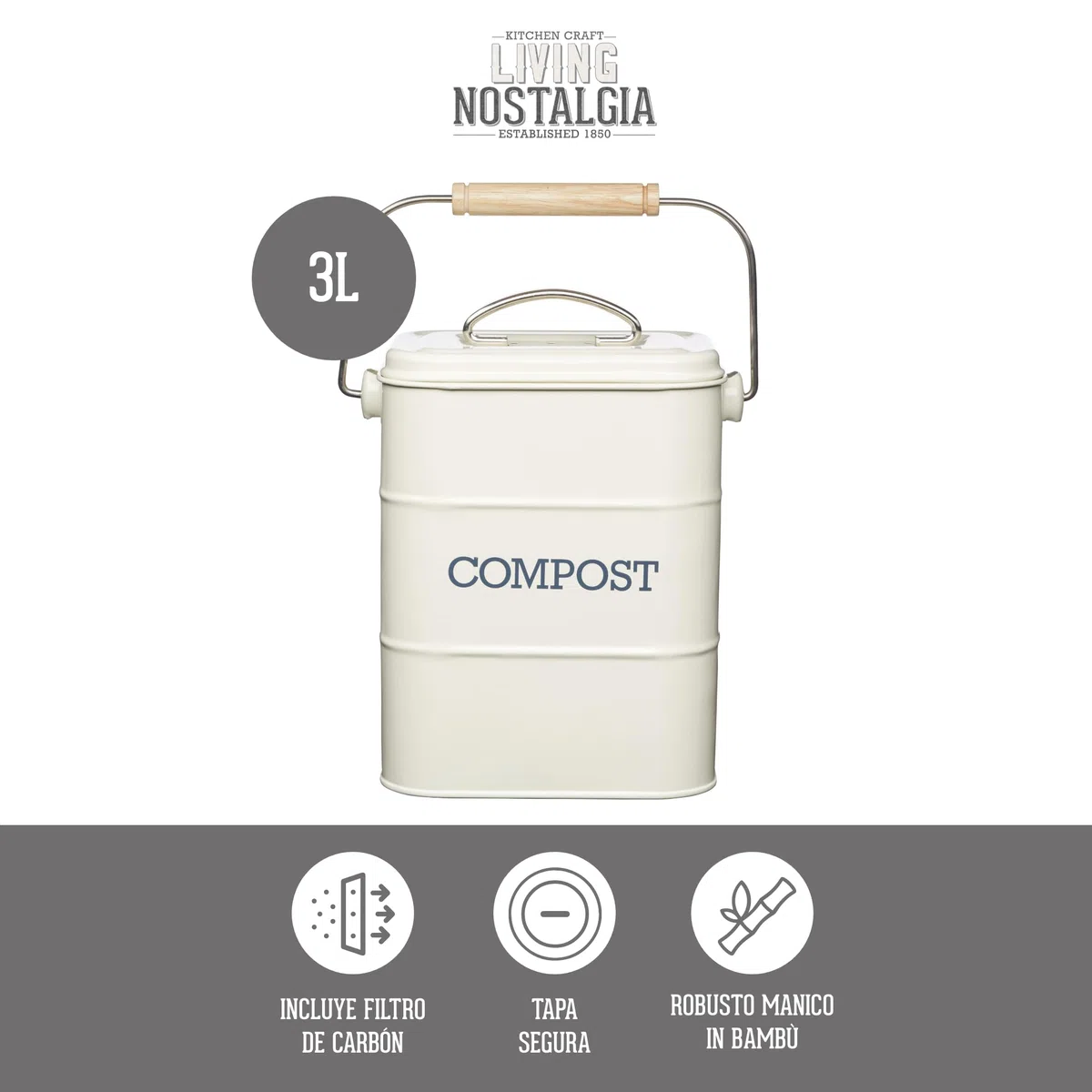 KitchenCraft Living Nostalgia Metal Kitchen Compost Bin, Antique Cream, 16.5 x 12 x 24 cm
