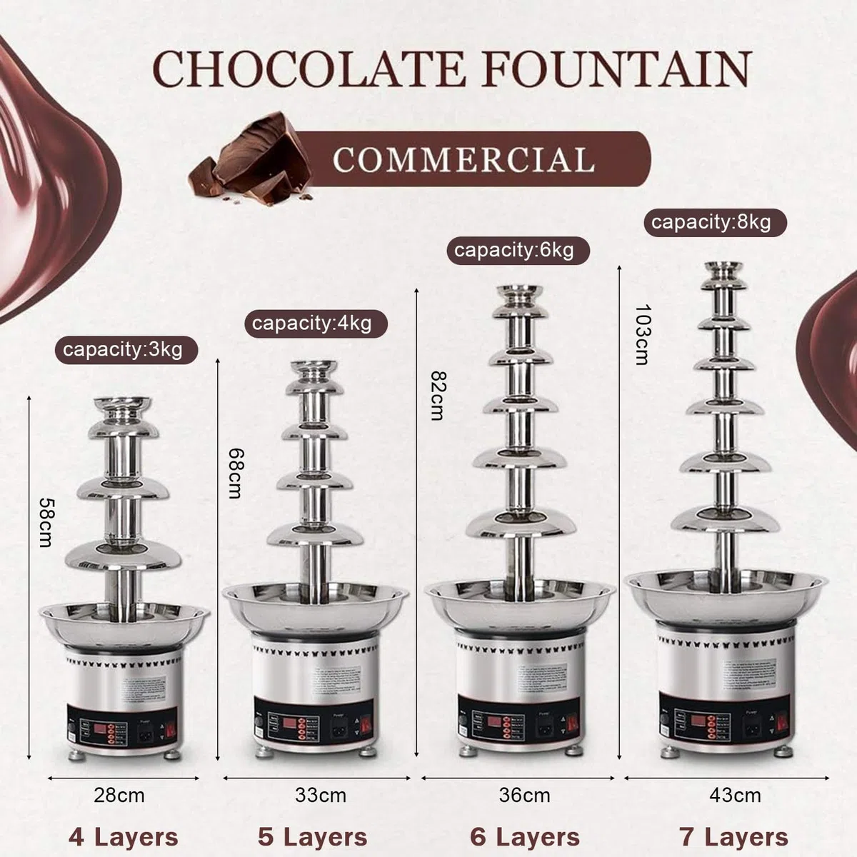 Fuente eléctrica de fusión de chocolate, torre de fondue de acero inoxidable para bodas y fiestas, máquina de fondue caliente comercial de 4 a 7 niveles, perfecta para cumpleaños y eventos