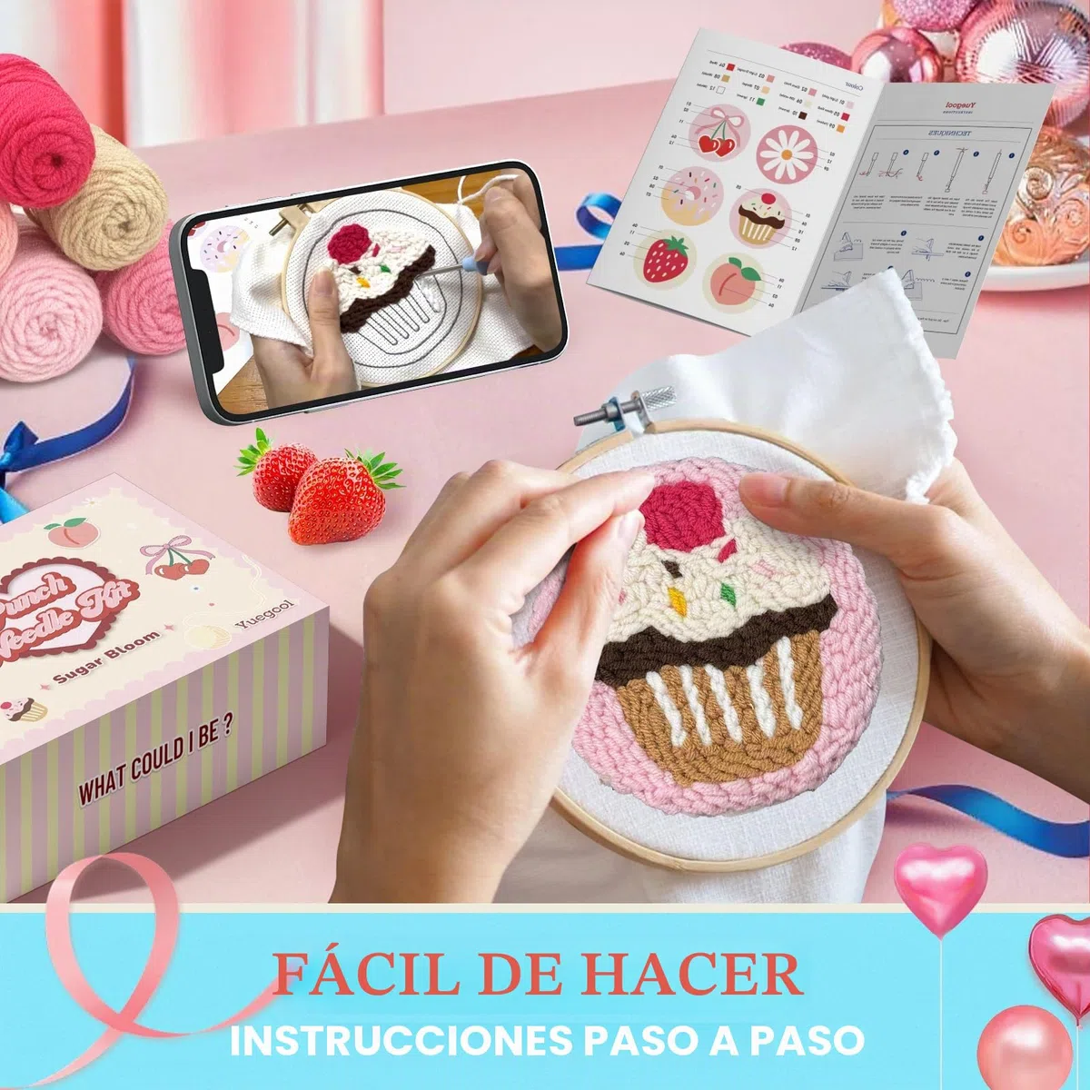 yuegool Kit de 6 posavasos con aguja perforadora, juego de bordado fácil para principiantes, niños y adultos con patrones, herramientas, hilos, aro, instrucciones y soporte para posavasos