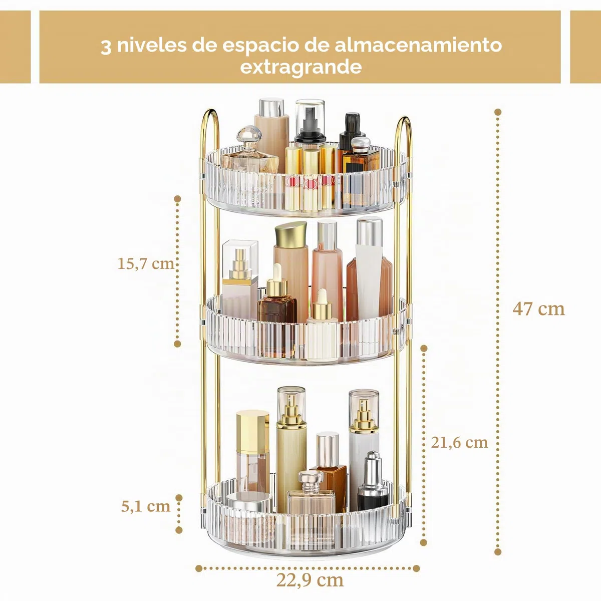 MOKANI Organizador de maquillaje giratorio de 360 grados para tocador, organizador de perfume ajustable de 3 niveles para tocador, almacenamiento multifunción para el cuidado de la piel para