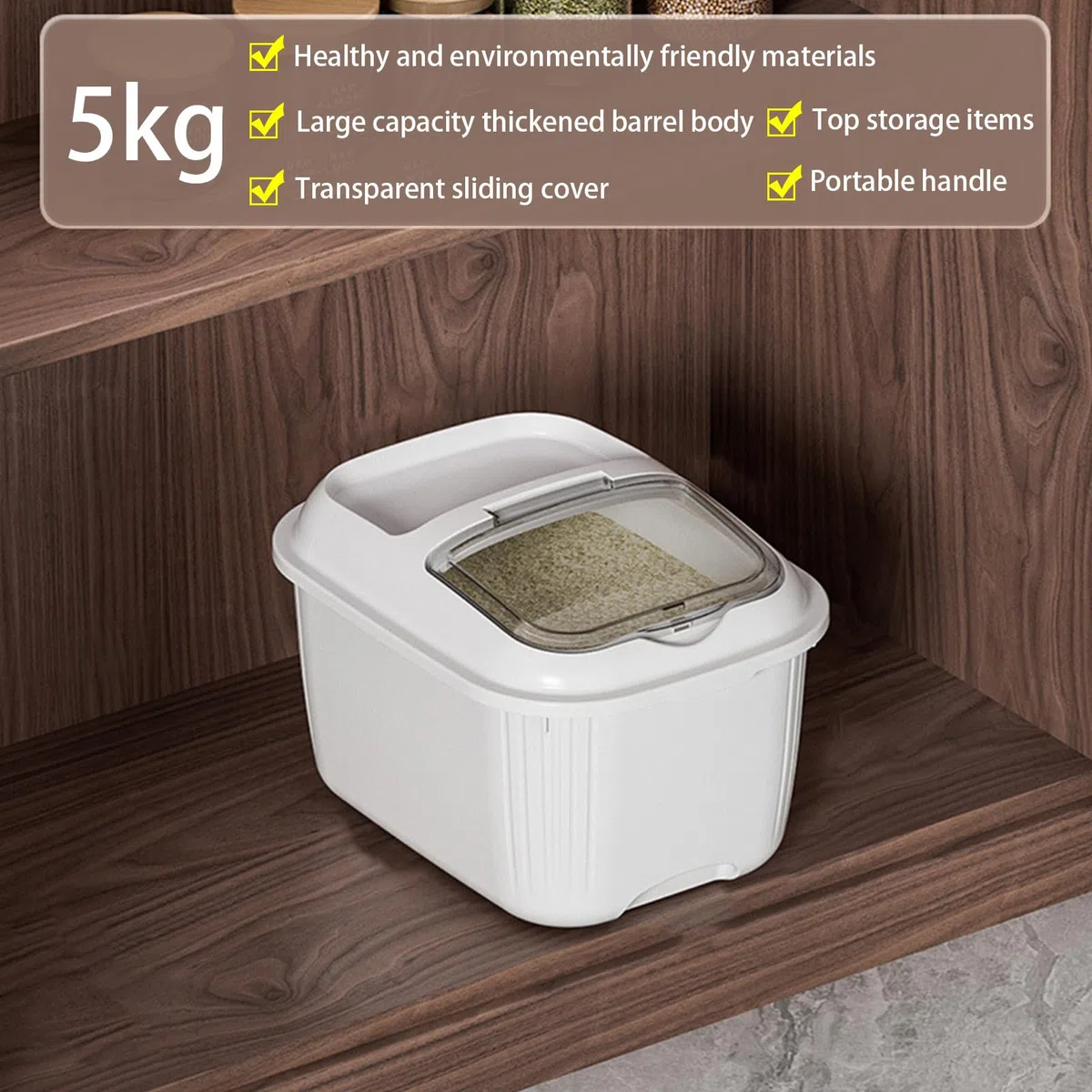 Dispensador de arroz de 5 kg, caja de almacenamiento de arroz de cocina con tapa transparente, contenedor de almacenamiento hermético Ric, dispensador de alimentos secos para harina de granos