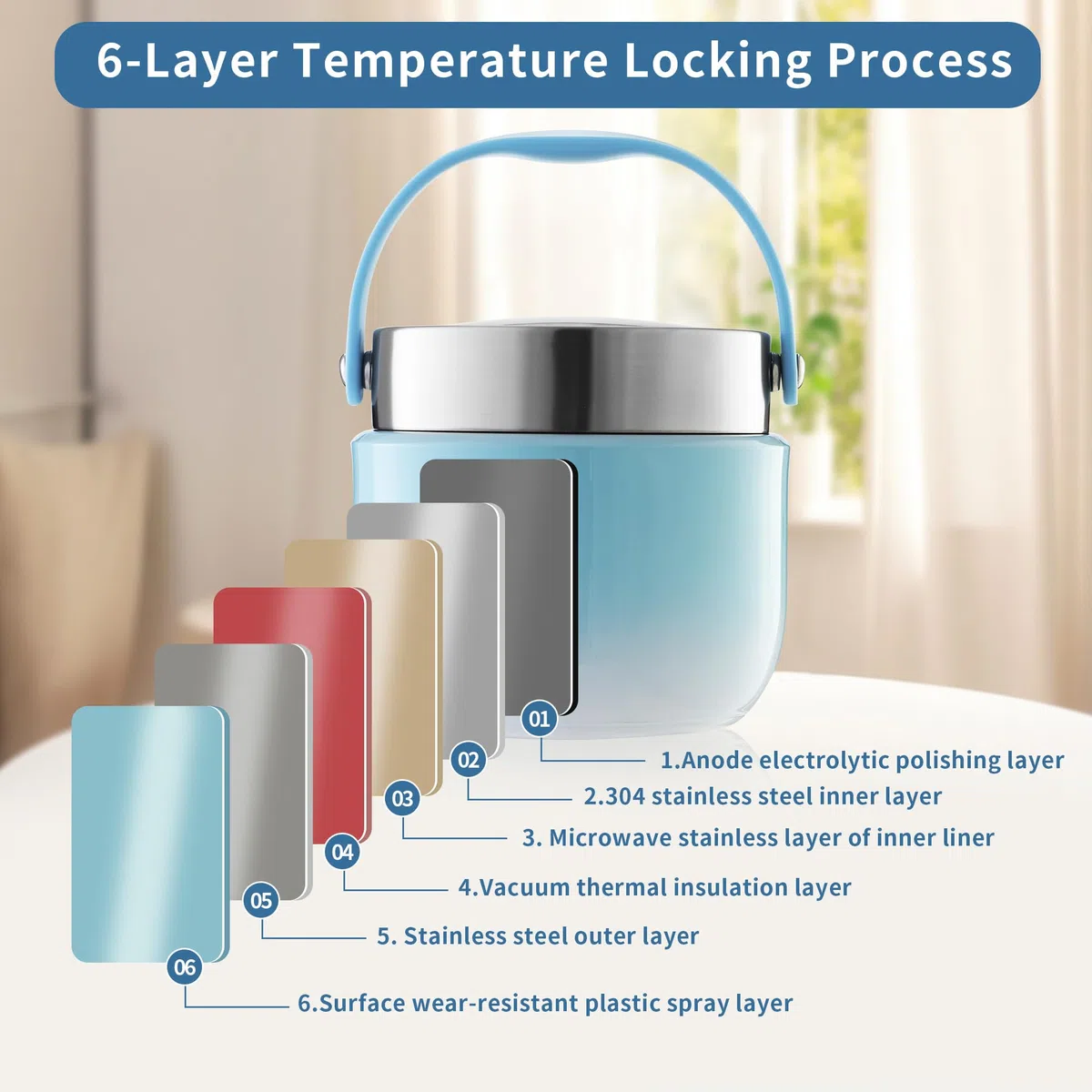 Recipiente Térmico para Alimentos 1200 ml Termo Comida Caliente Adulto con Cuchara Plegable Fiambrera Termica Para Guardar Comidas,Almuerzos,Gachas,Sopas (Azul)