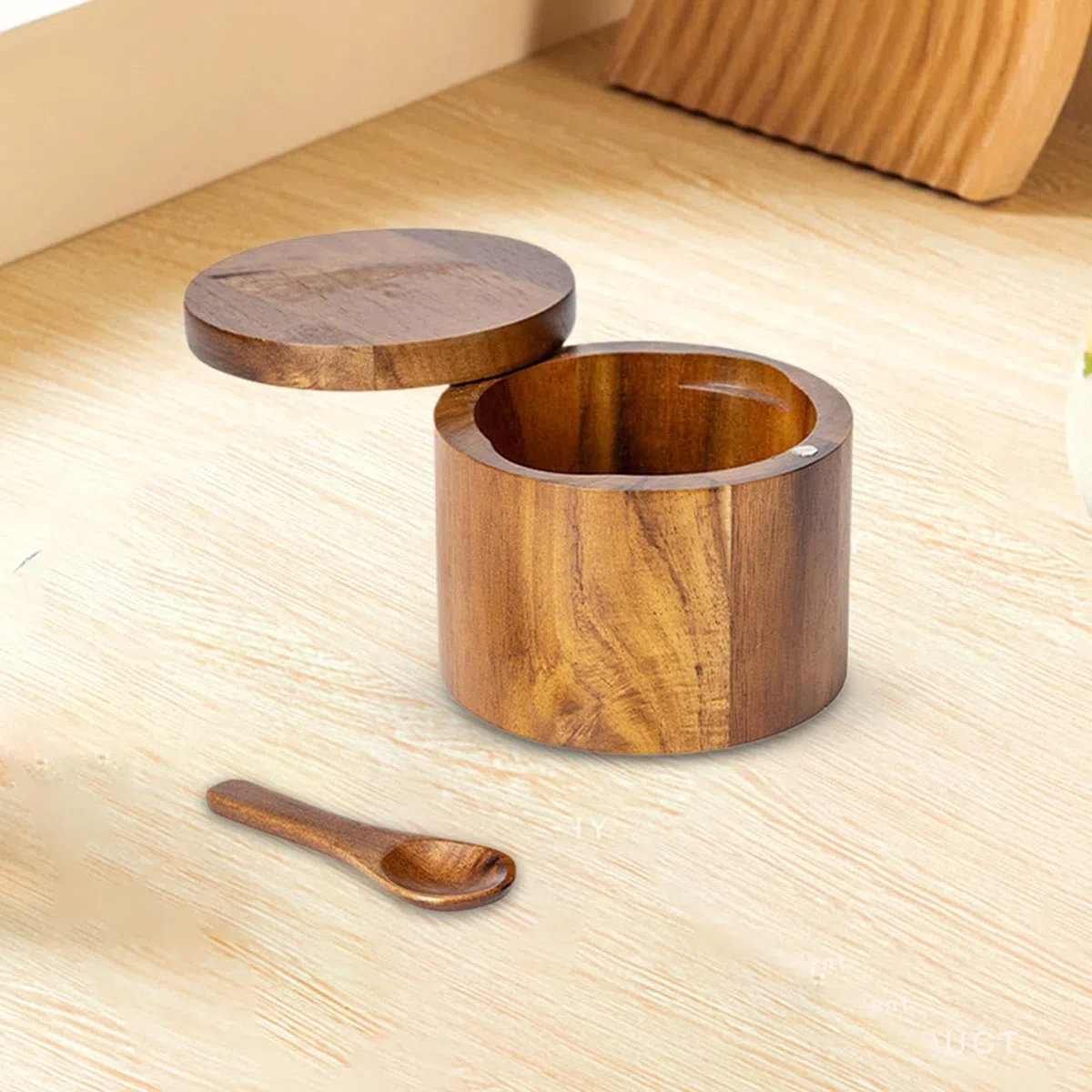 Salero de madera de acacia con tapa y cuchara, recipiente de azúcar hecho a mano con tapa giratoria, cuchara integrada para cocina, tarro de madera, hogar para el hogar, condimentos, cafetería, hotel