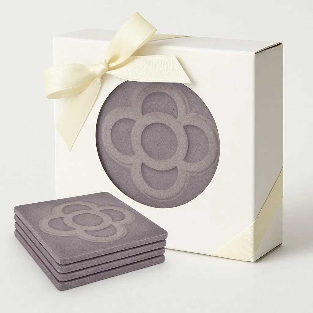 Set de 4 Posavasos de cerámica Decorativos con el diseño del Mosaico Panot Barcelona, de 10 cm de diámetro, en Color Gris
