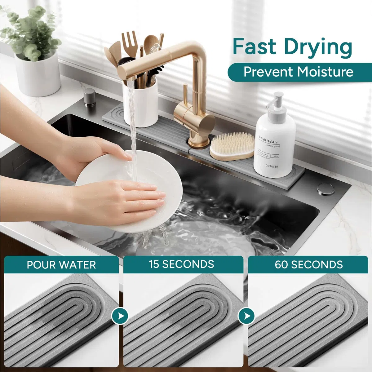 Alfombrilla de Grifo para Fregadero Cocina, 60x10cm Protector Salpicaduras de Diatomea, Protector Contra Mueble Fregadero Absorbente para Encimeras y Baños Mango de Grifo Alrededor (L Gris)