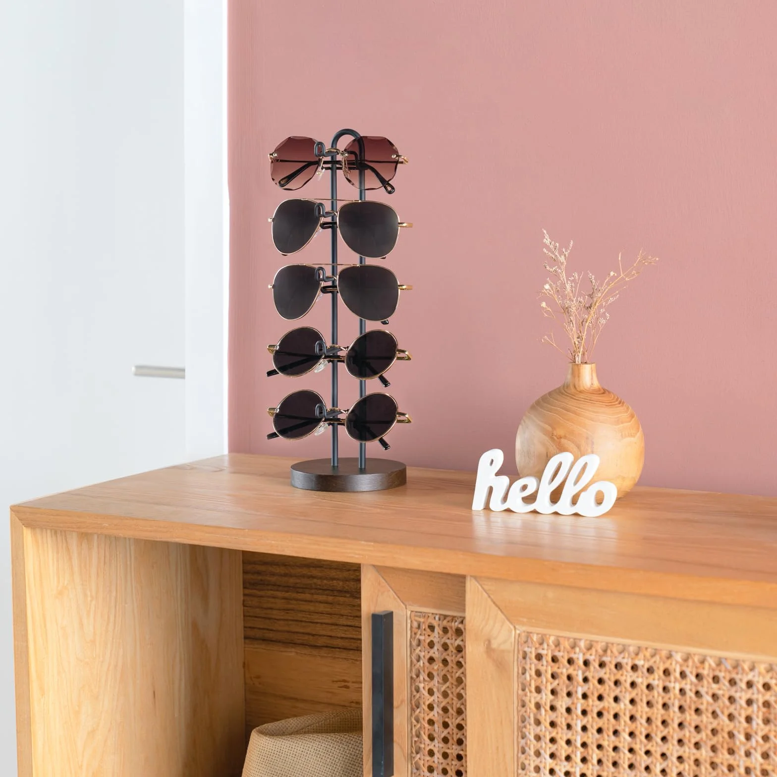 Mkono Organizador de gafas de sol, soporte para gafas de sol, soporte de almacenamiento de gafas de sol, marco de metal con base de madera para 5 pares de gafas para mesa, escritorio, encimera,