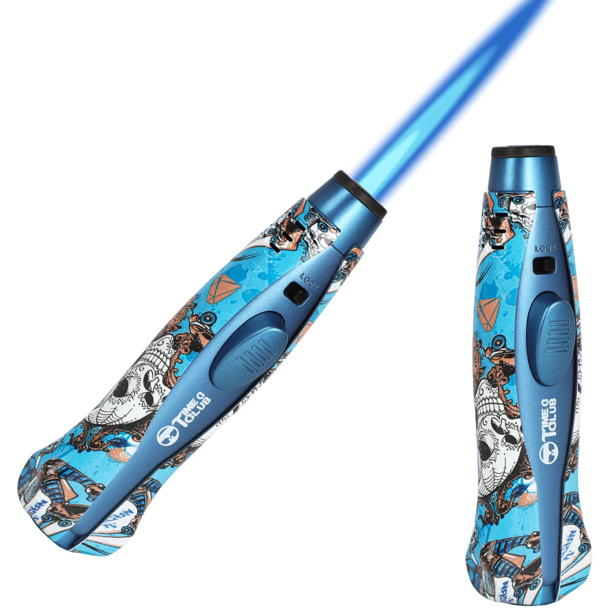 Quemador de butano, quemador de butano recargable con cierre de seguridad, llama ajustable, quemador de cocina, diseño a prueba de viento, cocinar, exterior, barbacoa (butano no incluido) (azul)