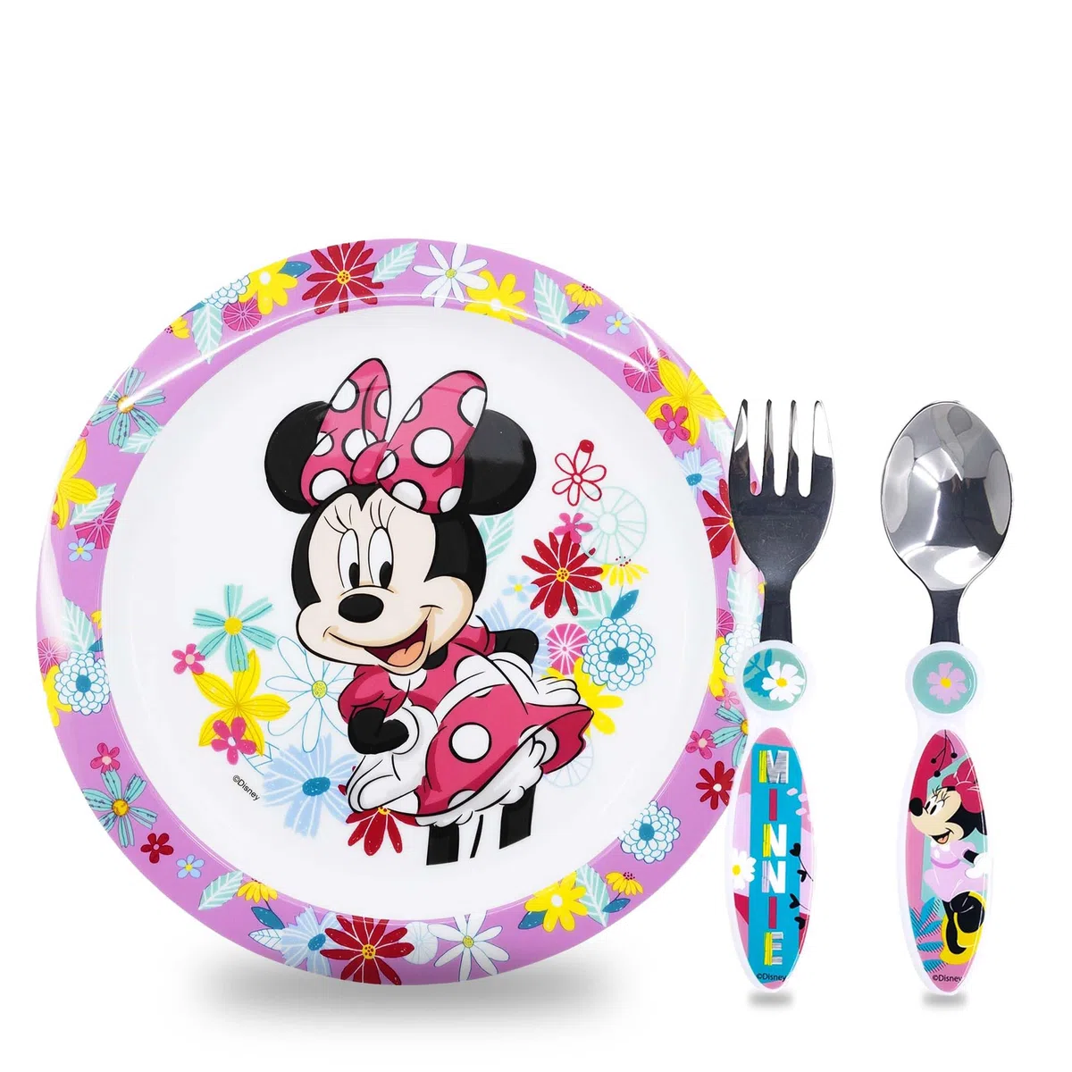 Vajilla Infantil Reutilizable Apta Para Microondas Para Niños Minnie Mouse, Juego de Desayuno para la Primera Comida Cubiertos, Tenedor, Cuchara de Acero Inoxidable y Plato, sin BPA