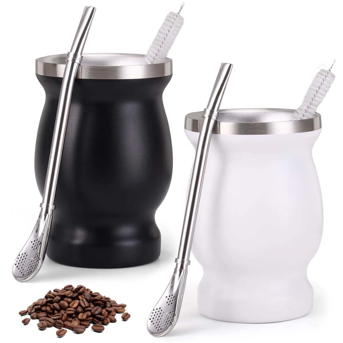 Juego de 2 Vasos de Acero Inoxidable para Té Mate con Cuchara y Cepillo de Limpieza, Dishwasher Safe y Durable para Cocina