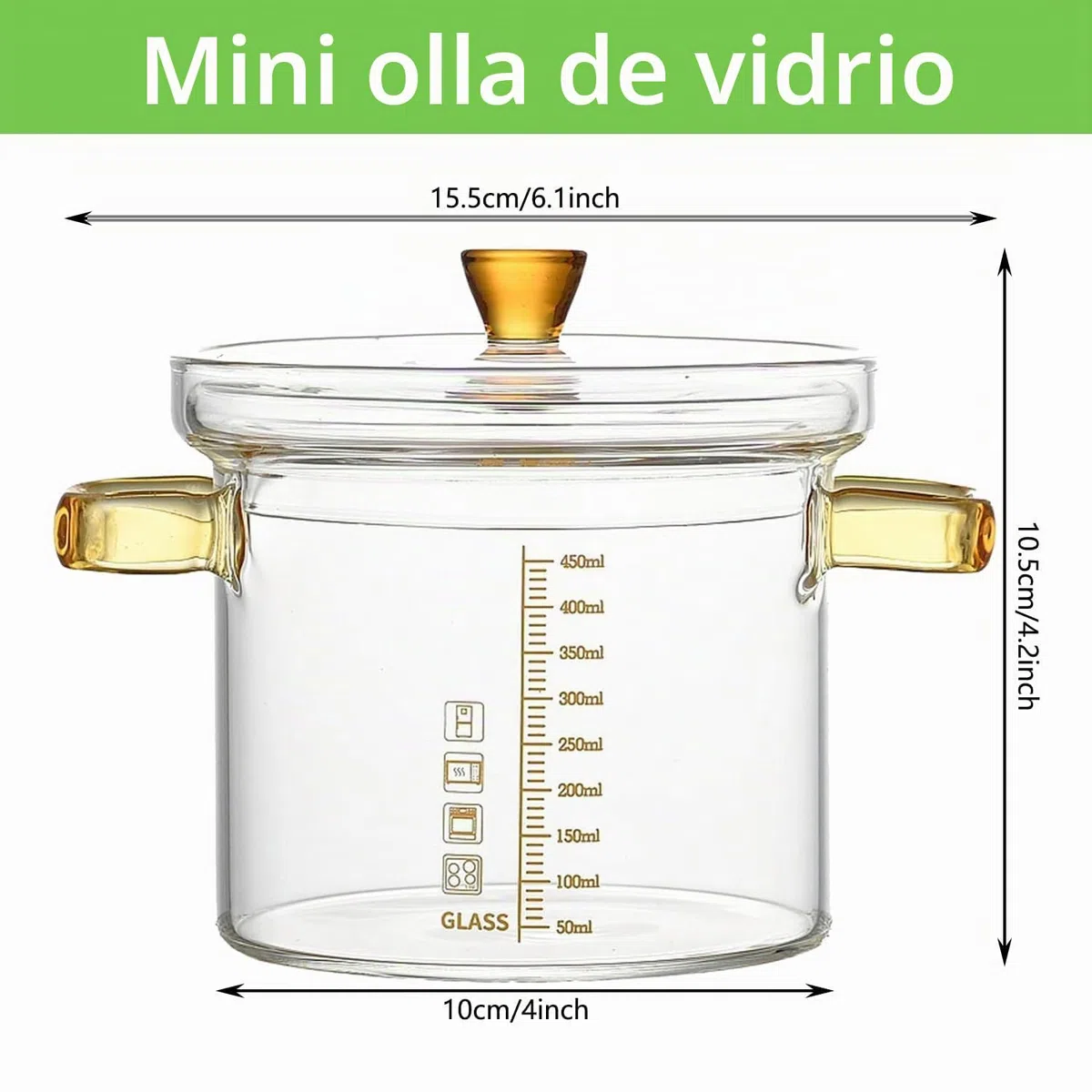 0.45L/15.8oz Olla de Cristal para Sopa, Olla de Sopa de Vidrio para Placa de Inducción, Olla Multifuncional de Vidrio Transparente de con Tapa para Ensalada, Sopa de Pasta y Leche