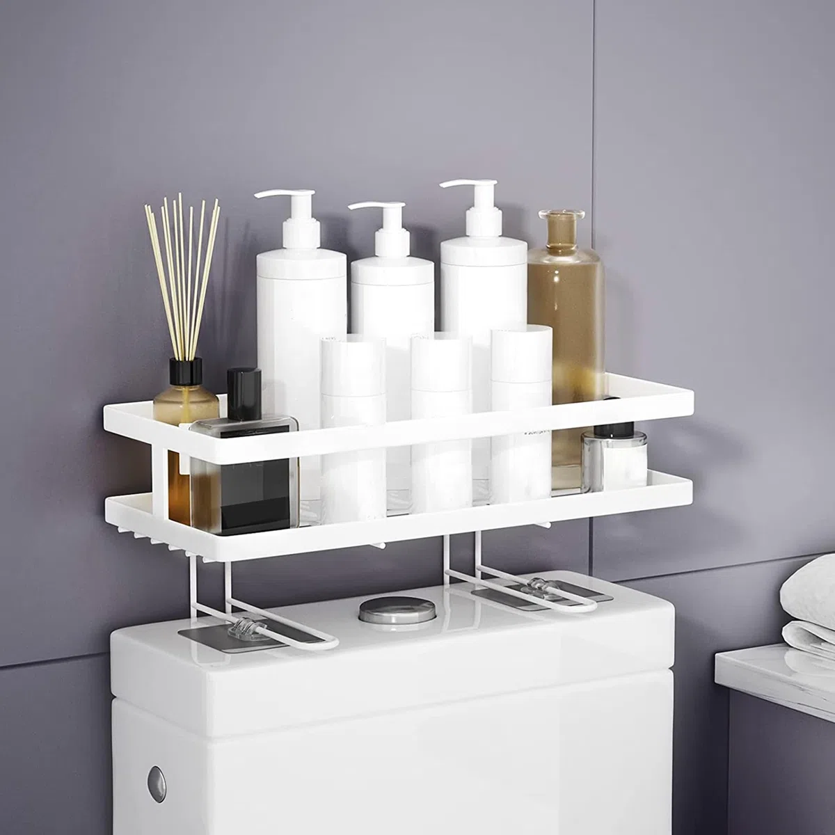 Estante Inodoro o WC - Organizador Baño, Gran Capacidad - Estante de Acero Lacado sobre el Inodoro, Sin Necesidad de Agujeros, Blanco Mate, 34x15 cm