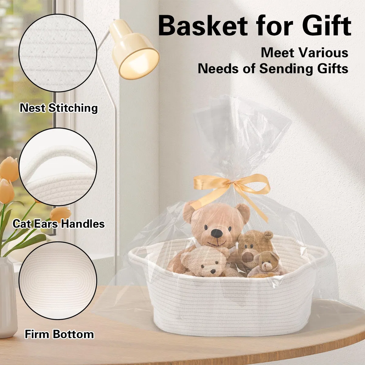 mumisuto Cesta para Regalo Vacia, Cesta de Regalo Vacía Grande con Bolsas de Regalo y Cintas, Cestas Almacenaje de Cuerda de Algodón con Asas Laterales, para Navidad Cumpleaños Bodas Manualidades