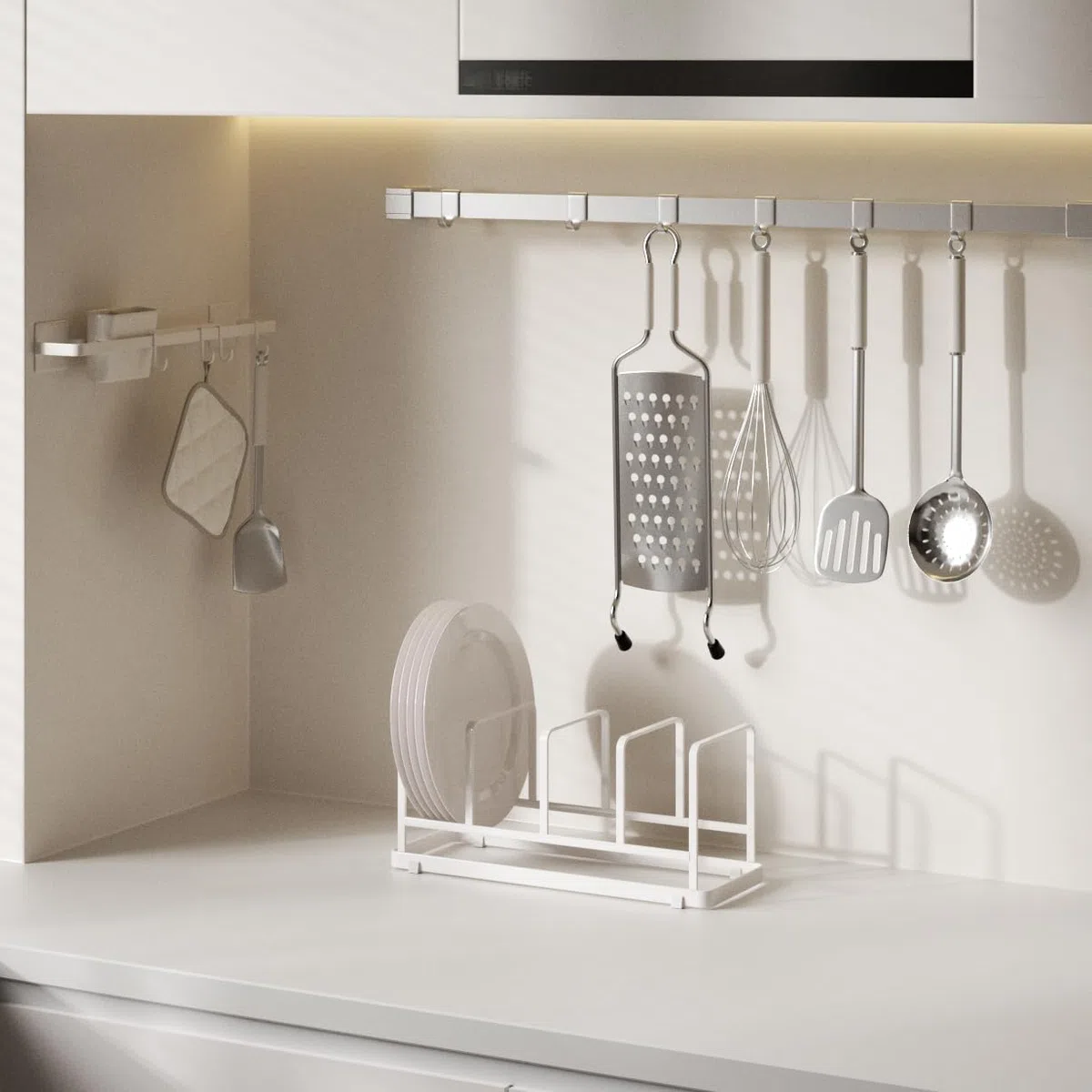 YunNasi Organizador Platos Armario Cocina, Soporte Platos, Escurreplatos para Bandeja Horno y Tabla de Cortar (Blanco, Large-2 Piezas)