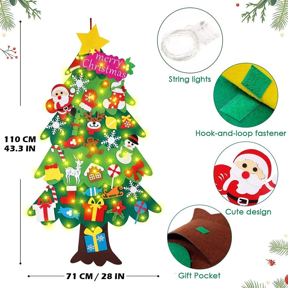 35pcs Fieltro Árbol de Navidad, DIY Christmas Hanging Tree ​con Ornamentos Desmontables El árbol de Navidad de 50 Luces LED,para Regalos navideños, Decoración de Navidad para Paredes y Puertas del