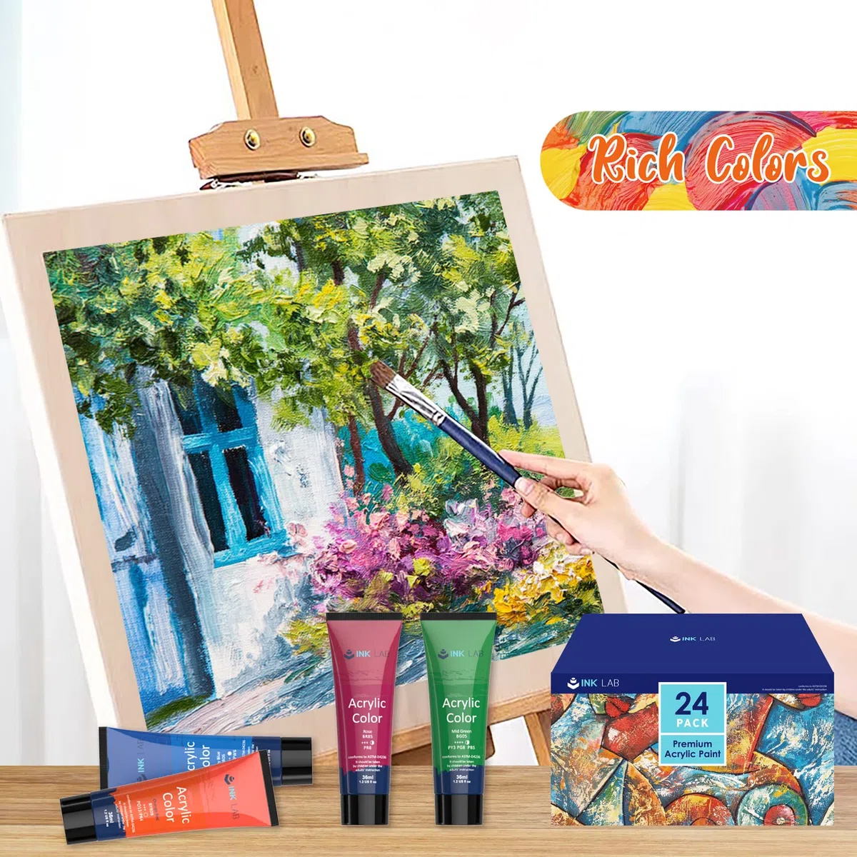 Pintura Acrílica 24 Colores 36ml Colores Acrílicos No Tóxica Conjunto de Pintura Acrílica para Artistas Manualidades Lienzos Madera Cerámica Tela