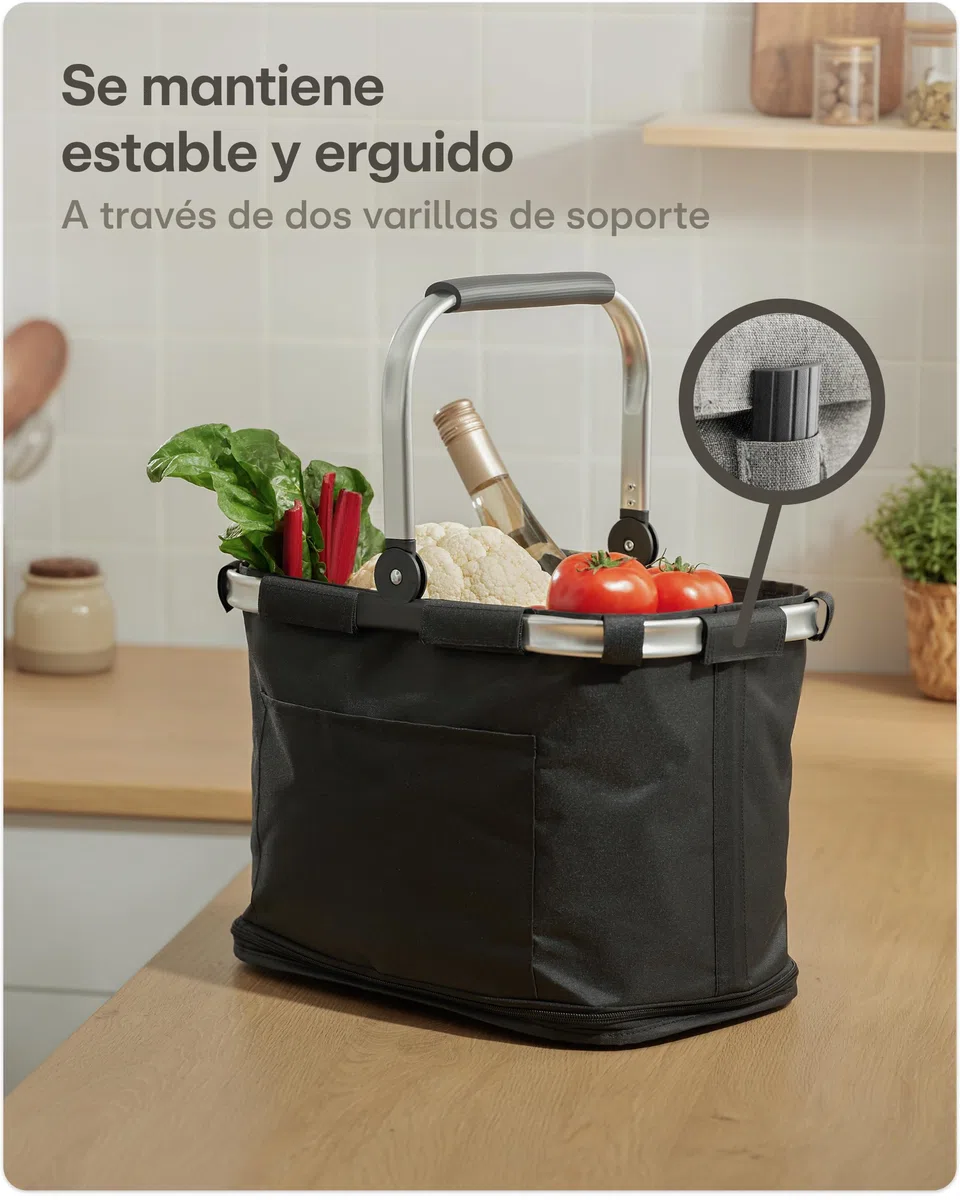Praknu Cesta de La Compra Plegable Grande – 2 en 1 Expandible de 25L a 35L – Tejido Lavable – Estable con Marco de Aluminio y Base Reforzada – Bolsillos Extra Interiores y Exteriores – Negro