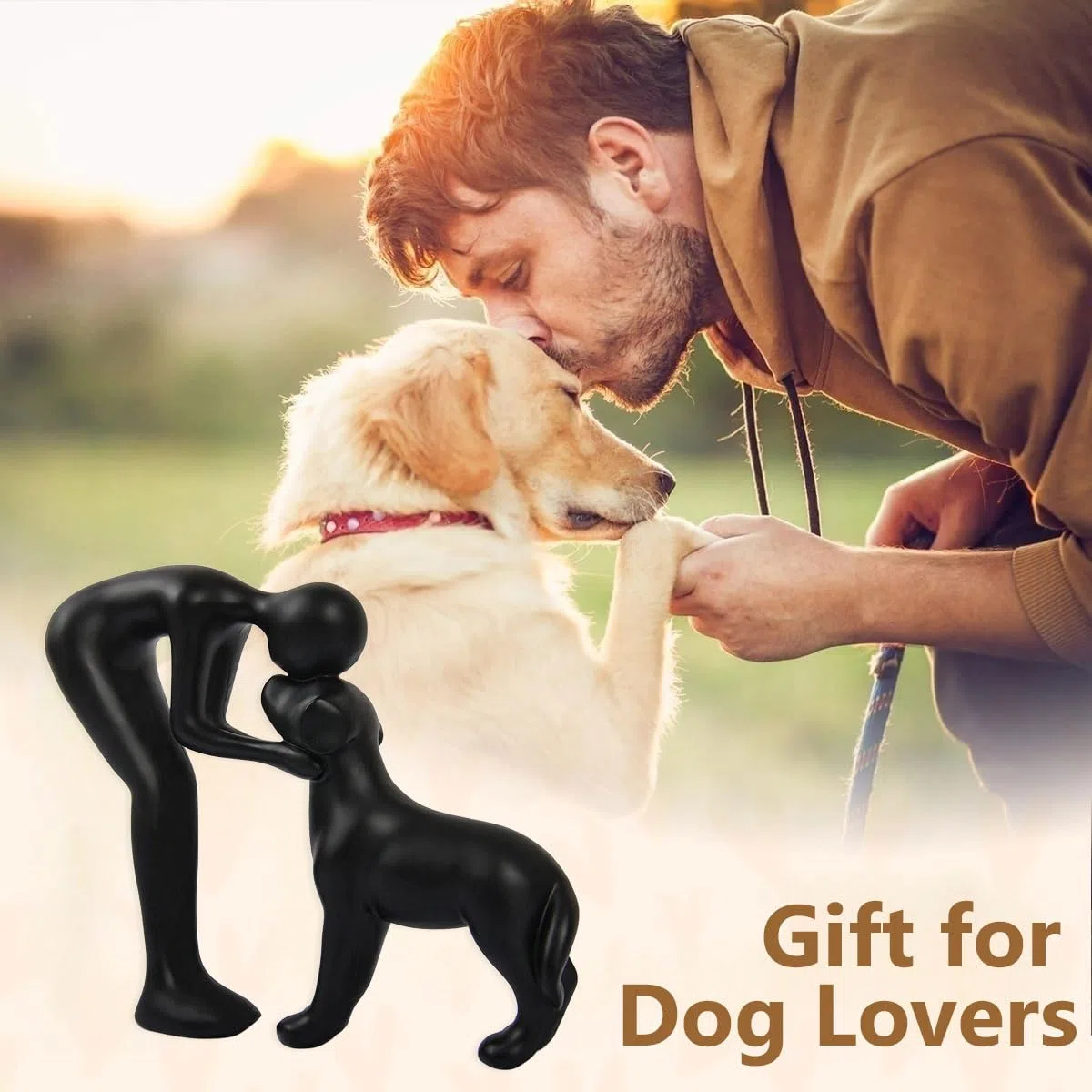 Estatuilla de Perro Bonito en Cerámica Negro – Figura Canina Decorativa, Regalo para Amantes de los Animales, Decoración para Hogar/Oficina, Figura de Hombre y Perro