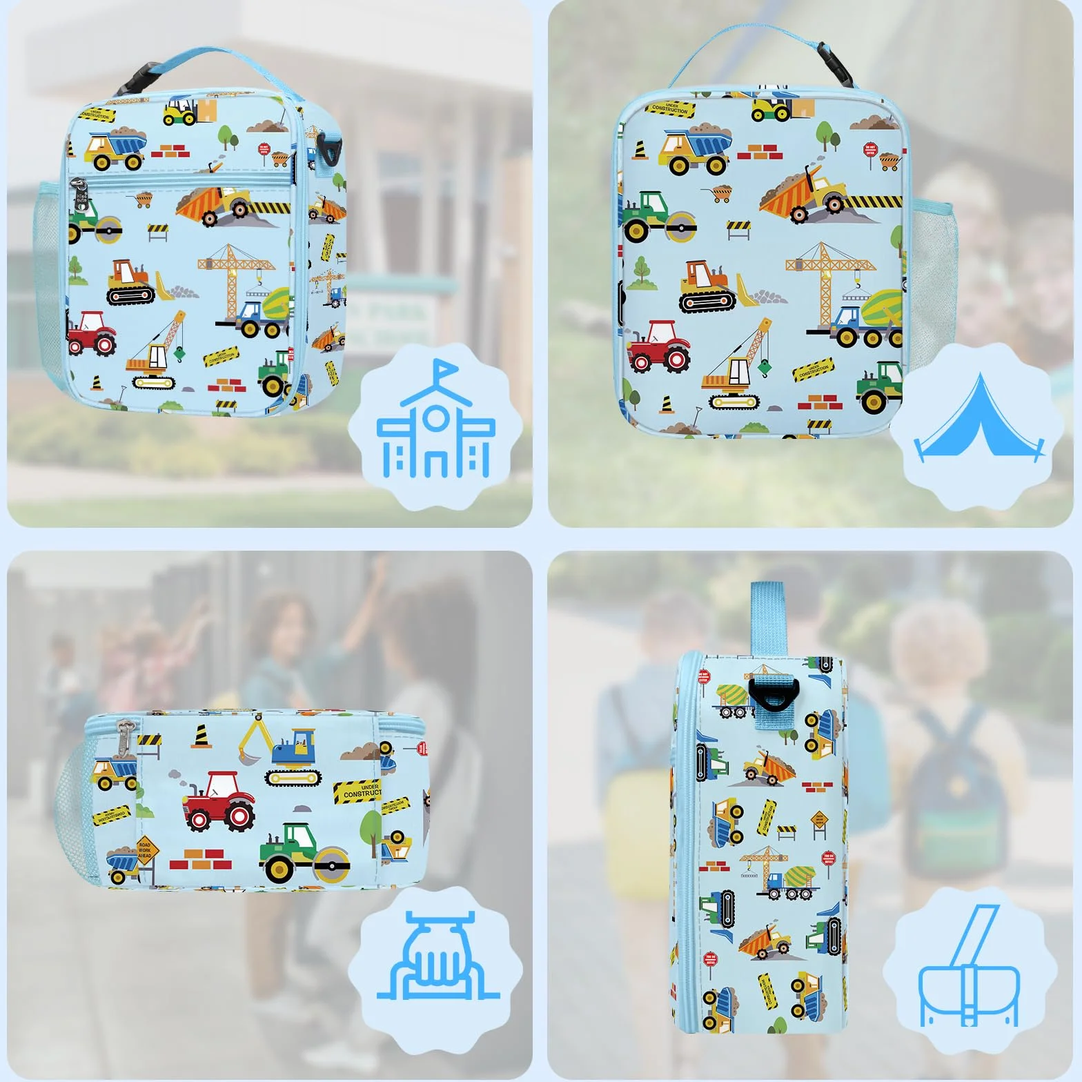 Clastyle Bolsa Termica Porta Alimentos Infantil Coche Bolsa Almuerzo Bebe Pequeña Portátil Bolsa Comida Niños para Escolar Picnic, Construcción Azul
