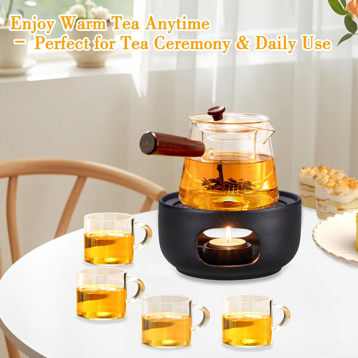 Calientaplat Calentador de Tetera, Calentador de Té de Cerámica con Portavelas, Porcelana Calentadores para Mantener Calientes Té, Café y Leche - Negro (Sin Vela)