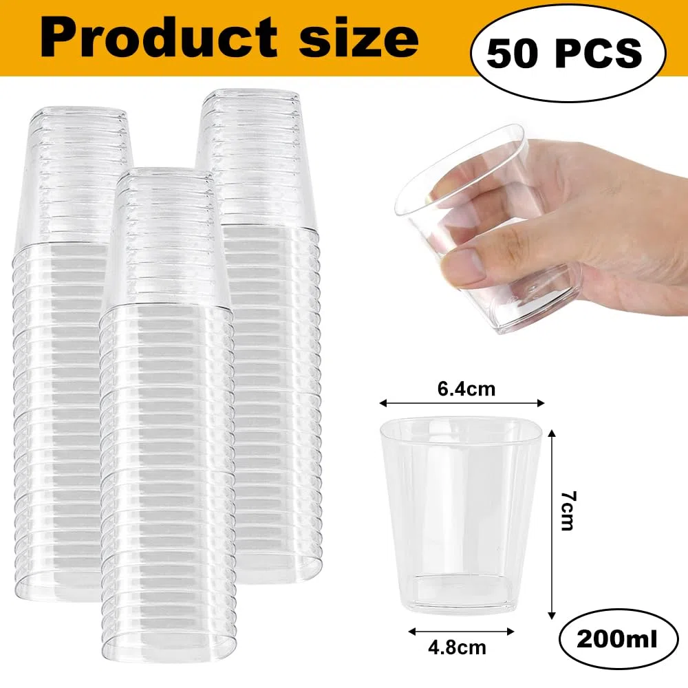 50 Vasos de Plástico 200ml, Vasos de Plástico Duro Reutilizables, Transparentes, para Bebidas y Cóctel