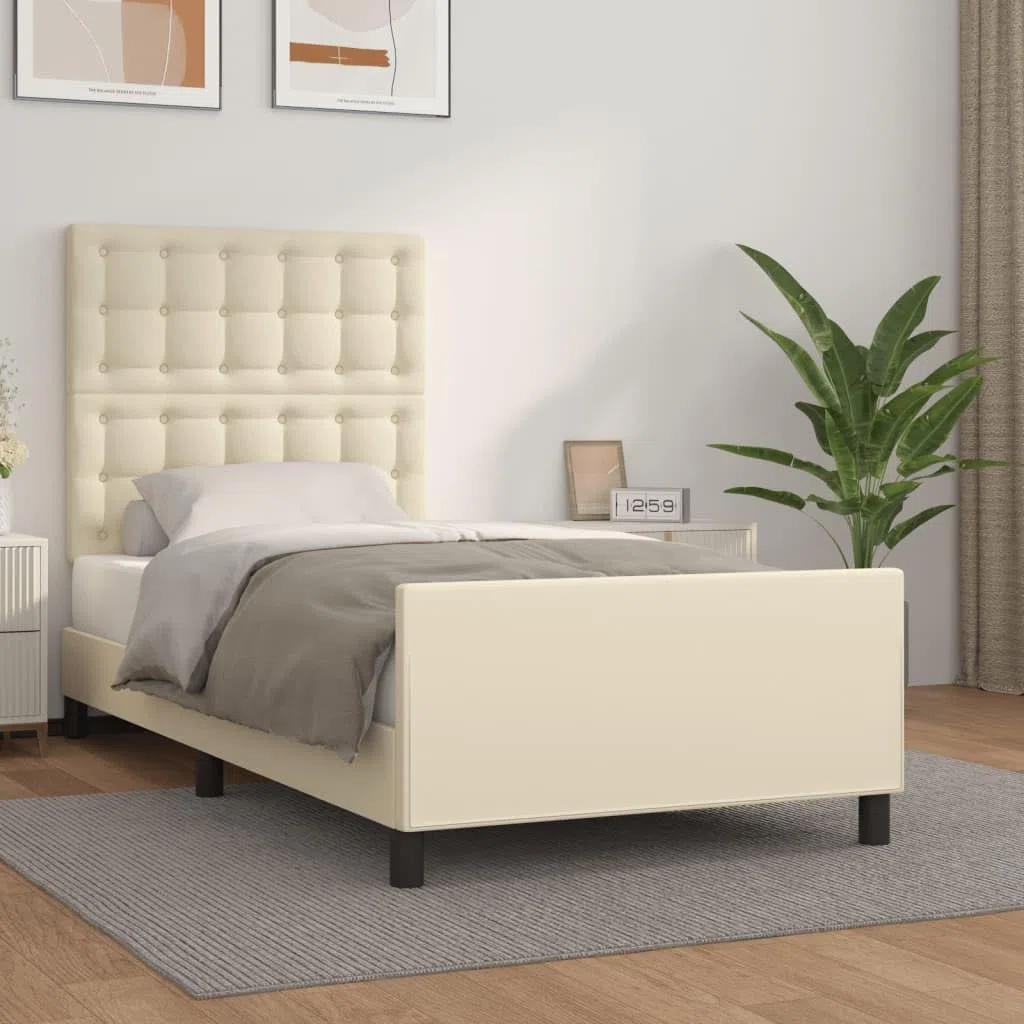 Estructura de cama con cabecero de 90 x 190 cm, de piel sintética, altura ajustable y estable, con láminas de madera contrachapada, para un sueño reparador, color crema