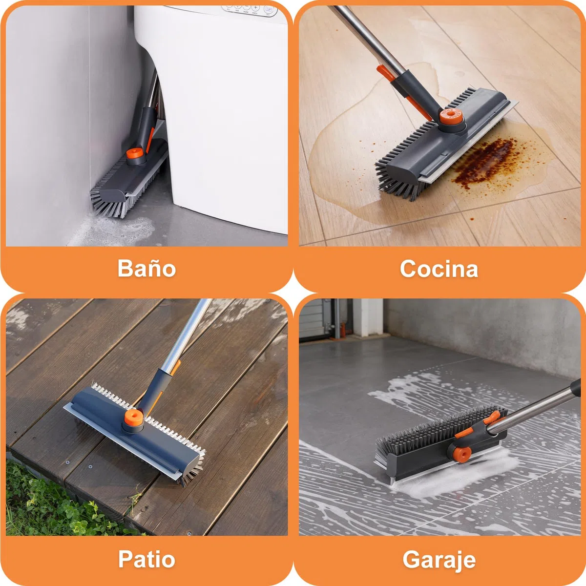 Mitclear Cepillo de Limpieza de Suelo con Mango Largo(122cm), 3-en-1 Escoba con Cerdas Duras & Rasqueta de Goma para Limpiar Azulejos, Pavimento in Legno, Cocina, Baño, Terraza Exterior, Patio Garaje