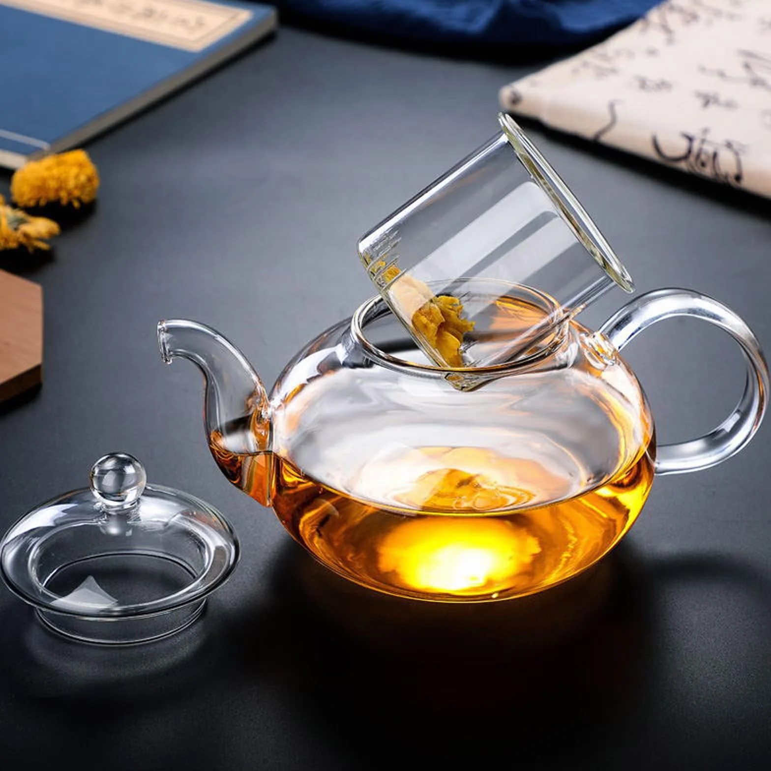 Tetera de cristal, pequeña tetera con colador de té extraíble, de cristal, resistente al calor y al microondas, para preparar té suelto, 400 ml
