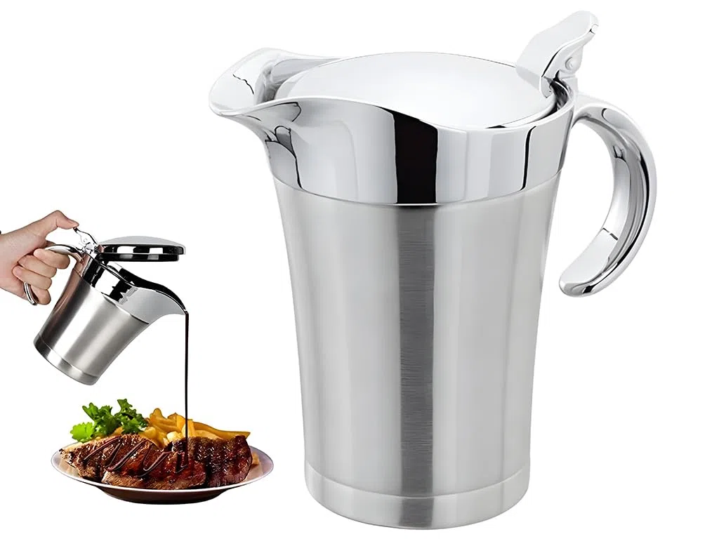 Salsera térmica de acero inoxidable, 750 ml, salsa térmica con tapa, jarra de salsa de doble pared de acero inoxidable, elegante jarra de salsa plateada para salsa, crema, mostaza, mayonesa