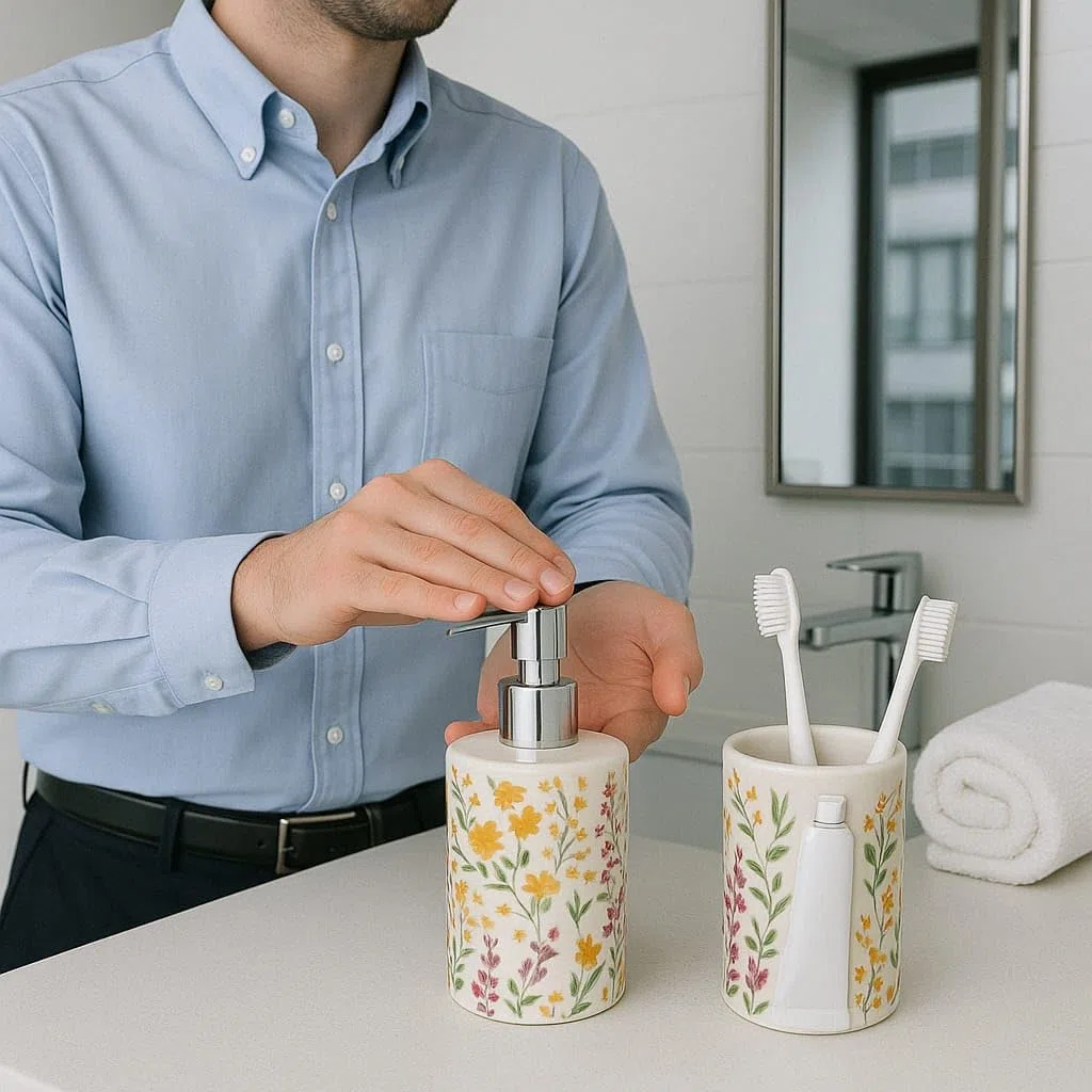 Juego de Baño Dispensador Jabon y Vaso de Baño Flores