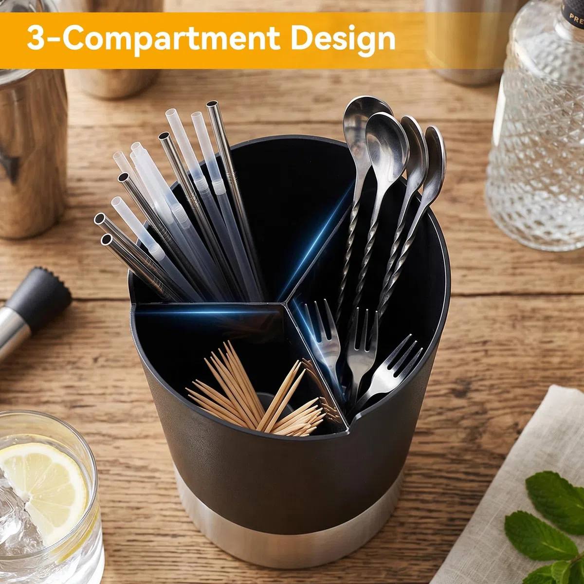 HERCHR Soporte De Pajita Para Encimera, Porta Utensilios, 3grid Dispensador De Pajitas Para, Mostrador Caja De Almacenamiento, Organizador De Soporte De Cuchara Para Bar Café