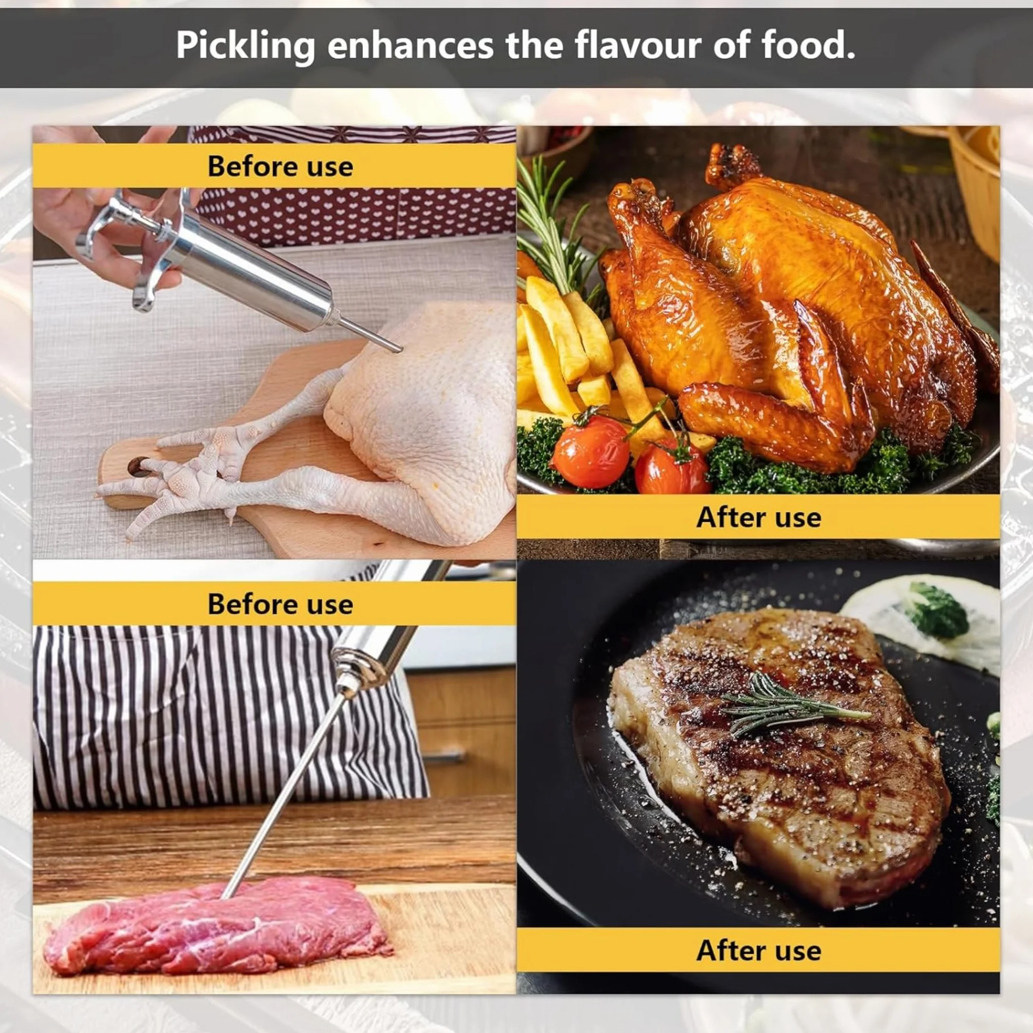 Inyector de carne de acero inoxidable de 60 ml con 3 agujas, jeringa de adobo para barbacoa, baster de pavo para carne de res, pollo y cerdo, apto para lavavajillas, fácil de limpiar