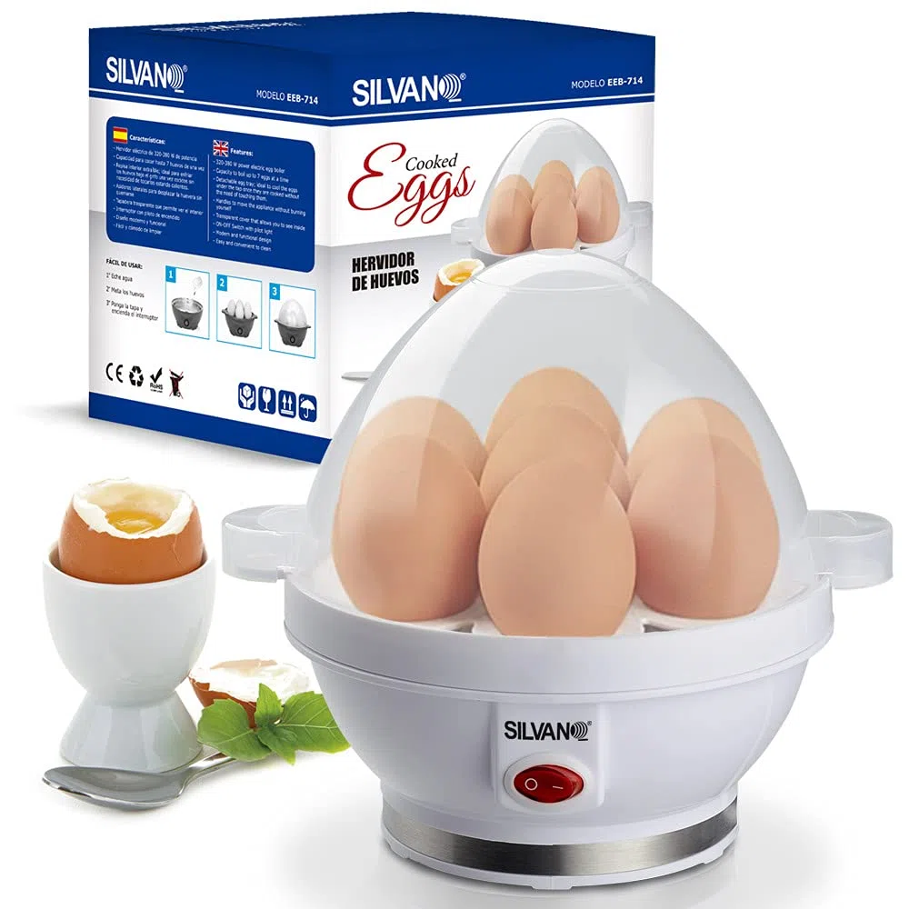 SILVANO Hervidor Eléctrico de Huevos con Capacidad hasta 7 Huevos - Potencia 320/380 W - Cuece Huevos Eléctrico Compacto (20x17x16,3cm) - 520 gr - Color Blanco