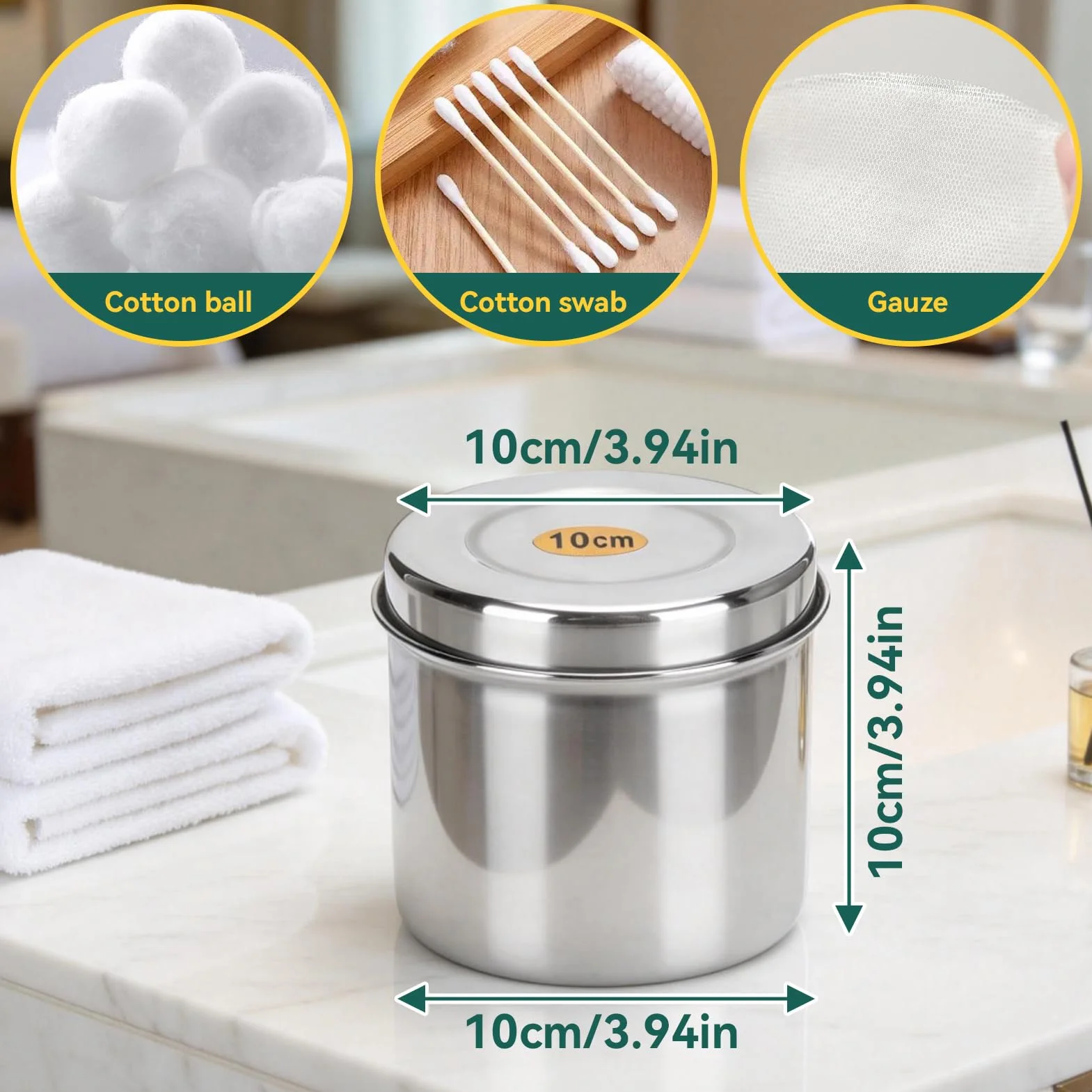 Organizador de almacenamiento para encimera de tocador de baño, caja contenedora de tarro de caja de acero inoxidable con tapa, vaso de bola de algodón para tarro de bote para bastoncillos de algodón