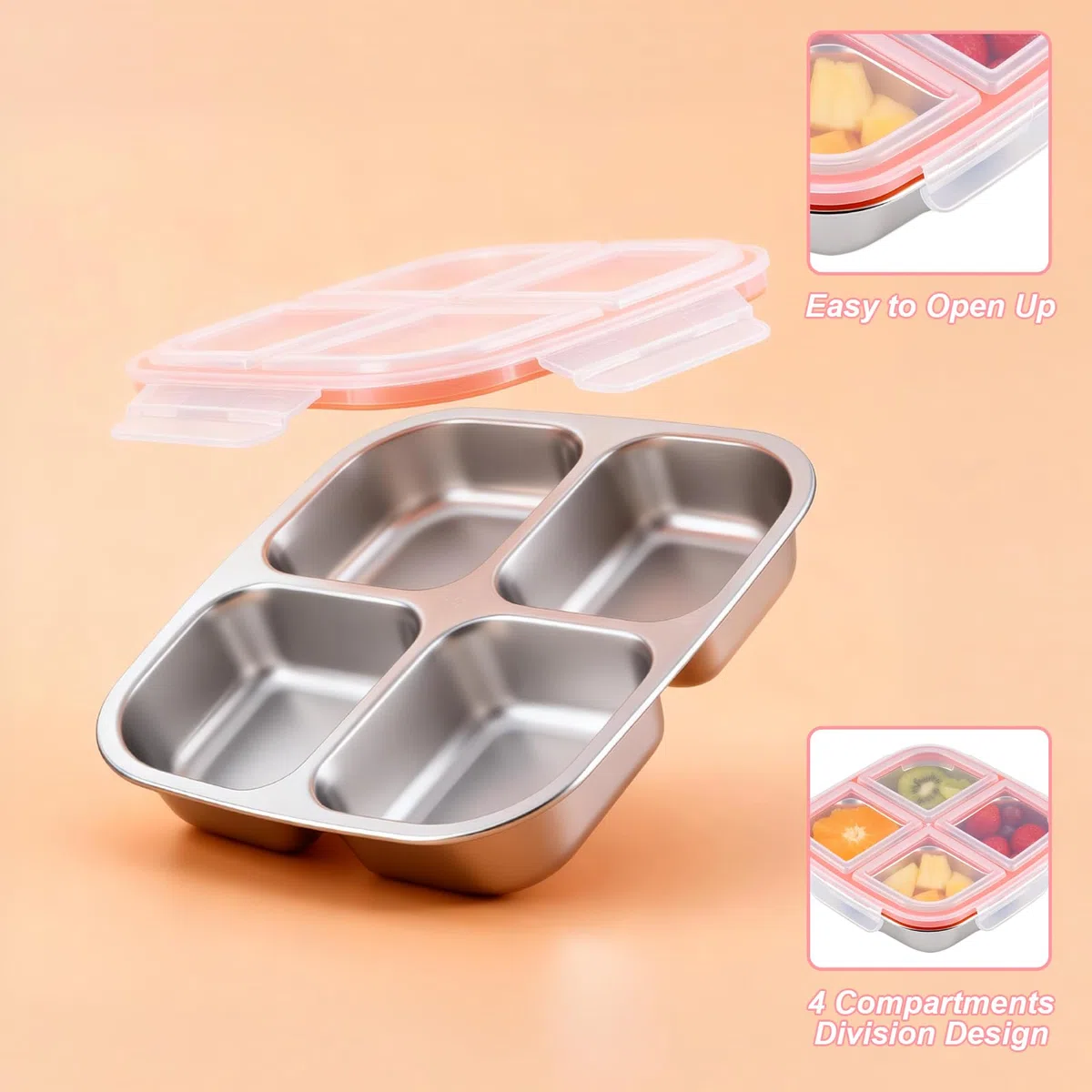 2uds Snack Box Con 4 Compartimentos, Fiambrera Acero Inoxidable Para Adultos, Recipientes Herméticos Para Alimentos, Tapers Para Comida Hermetico Con Tapa (600ML)