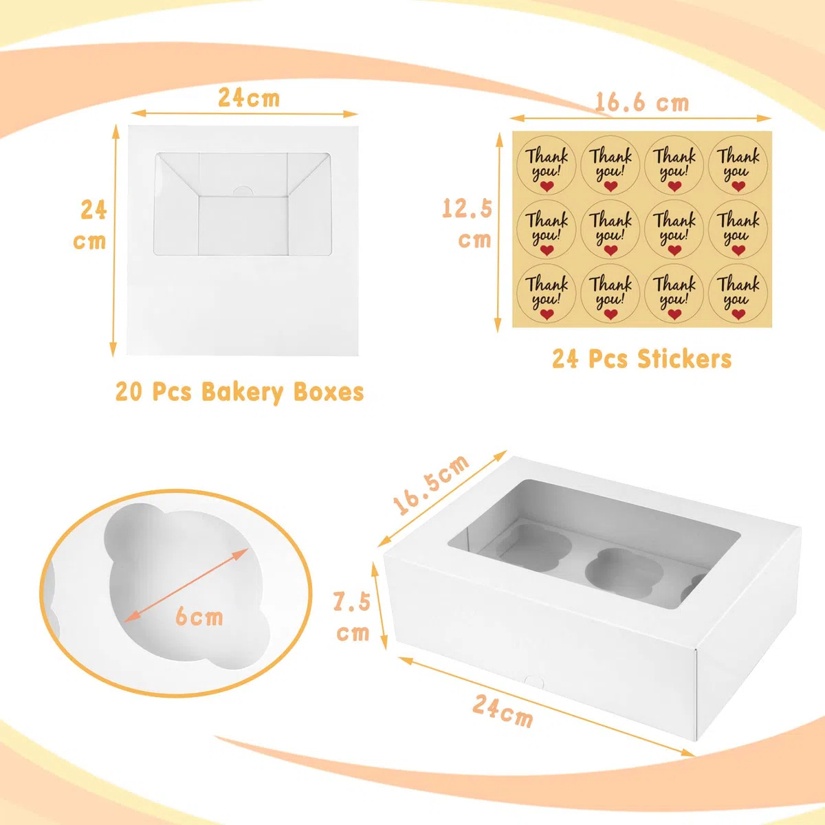 20 Piezas Caja de Papel Kraft con Ventana, Caja para Cupcakes 6 Unidades Cajas para Tartas Caja de Papel Kraft Blanco para Pastelería, Galletas, Magdalenas, Postres (24x16.5x7.5cm)