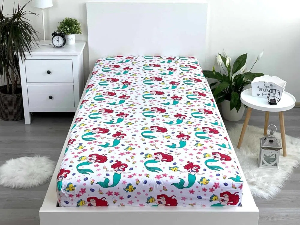 Jerry Fabrics - Sábana bajera simple Ariel Friends - Juego de cama 100% algodón, cómodo y transpirable, diseño de princesa Disney Ariel