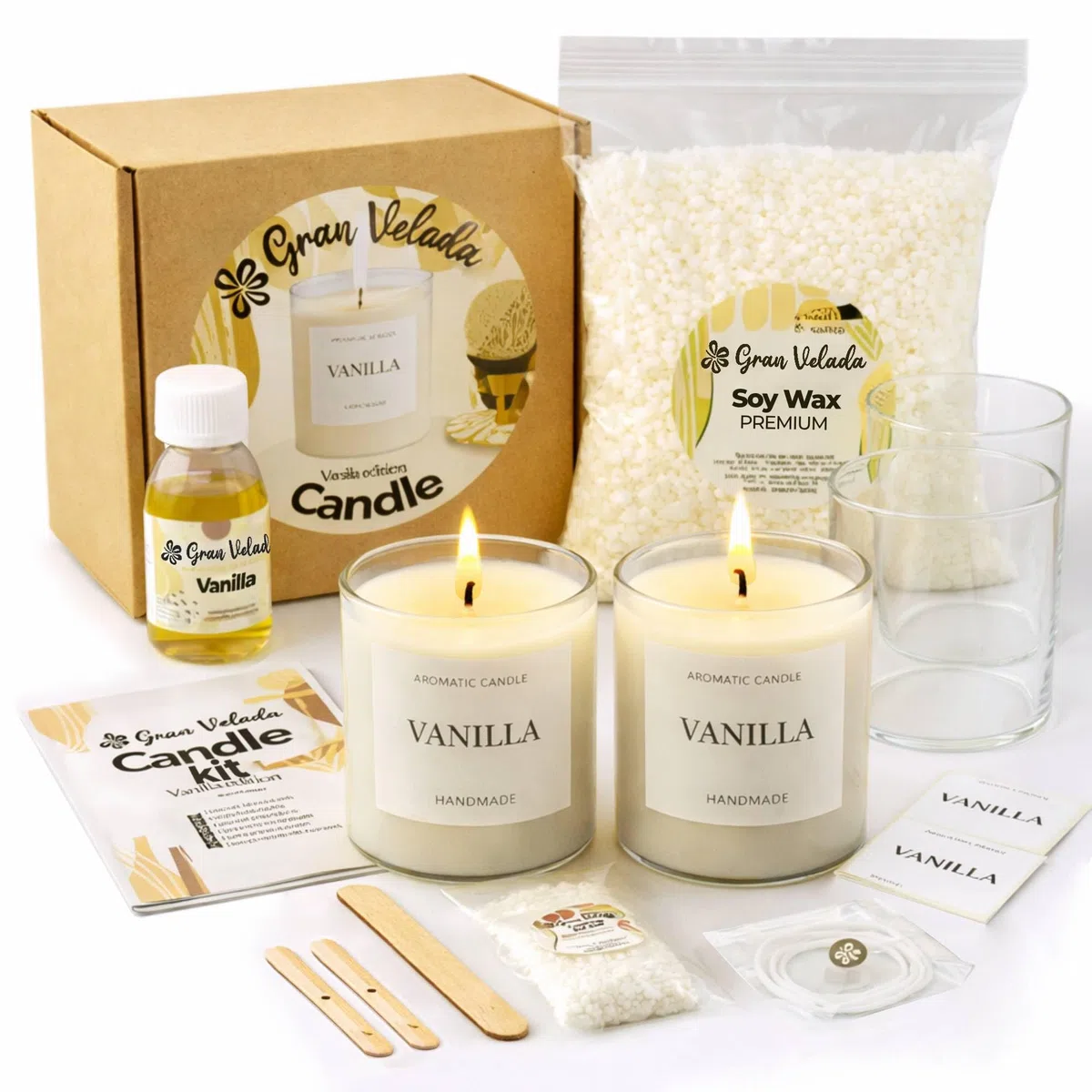 GRAN VELADA - Kit para hacer Velas Aromáticas de Soja en vaso | Kit velas DIY Manualidades Adultos | Incluye cera de soja para velas, mechas, pegatinas, accesorios y más | Regalo creativo | Vainilla