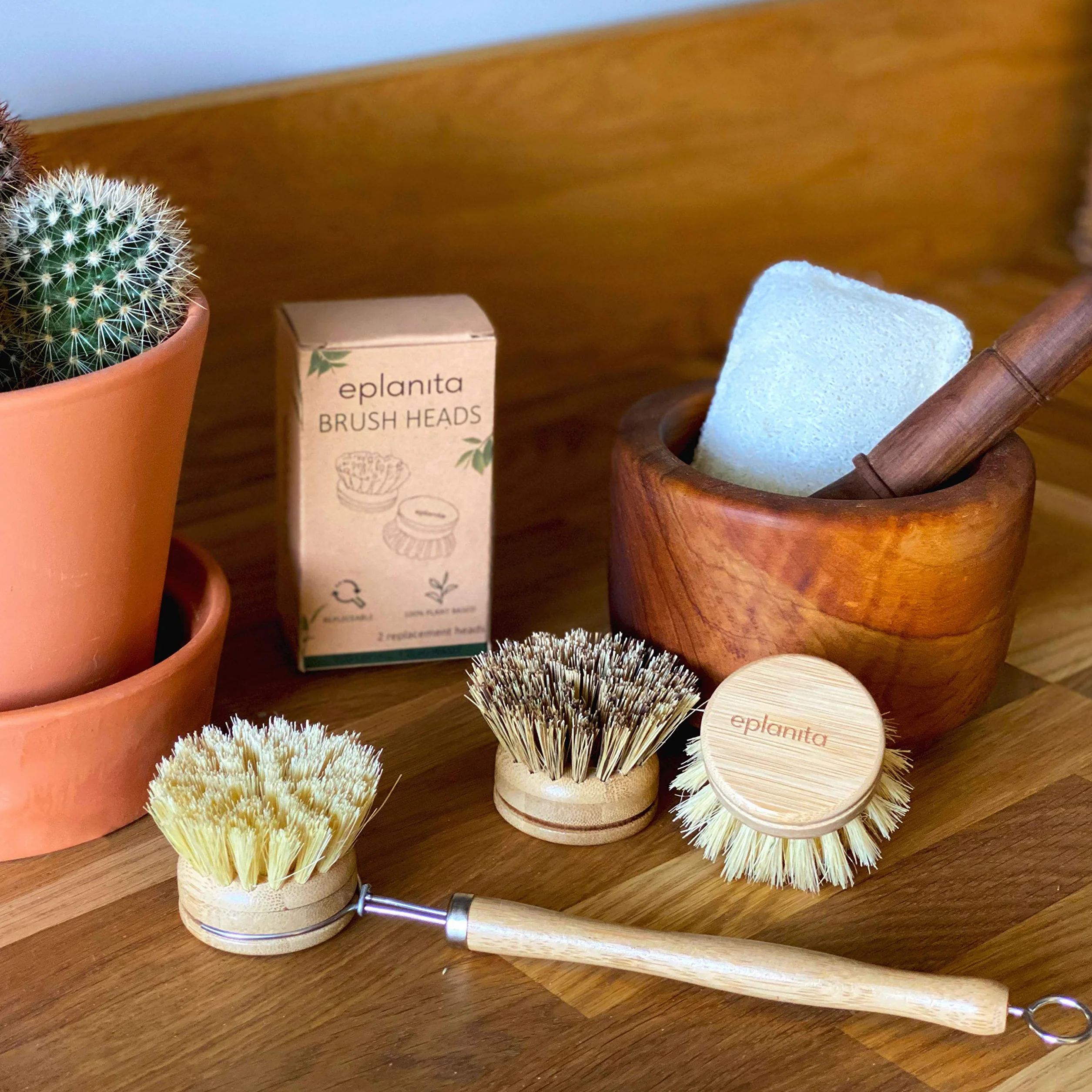eplanita Cepillo de Vajilla Natural Bambú Ecológico 3 Cabezales Recambio Esponja Vegetal Extra
