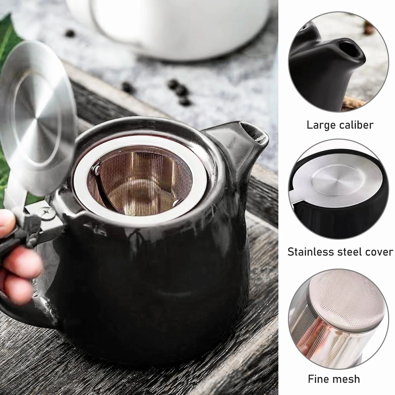 Tetera de porcelana de 500 ml, tetera de doble pared con tapa, asa y colador de té de acero inoxidable, cafetera de porcelana sin goteo, tetera de cerámica para café, té, semibrillante, color negro