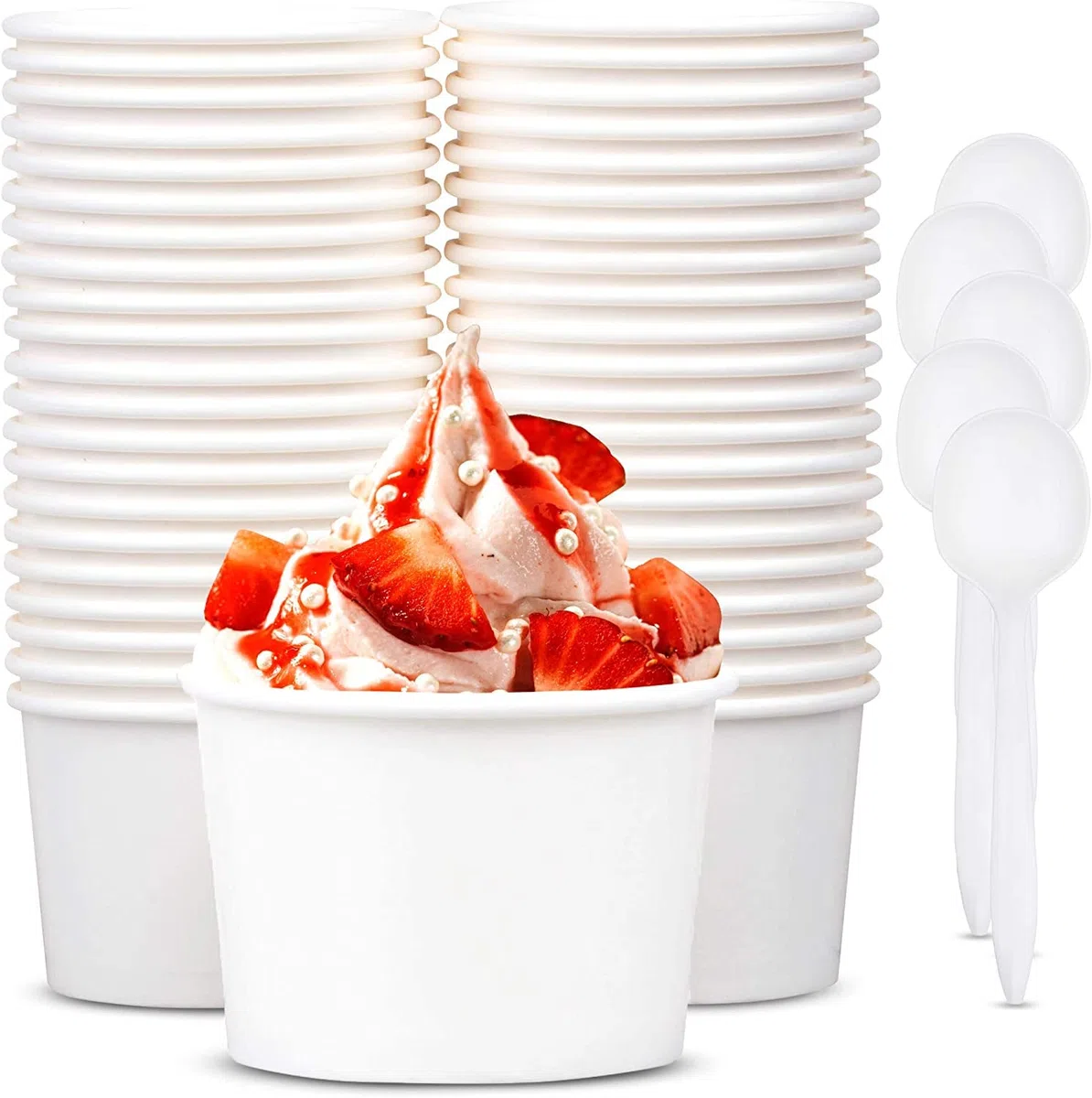 LATERN 50 Piezas Cuencos de Helado de Papel con 50 Piezas Cucharas, 12oz /360ml Cuencos de Papel Desechables para Comida Fría y Caliente Sopa Sundae Yogur Helado Postre (Blanco)