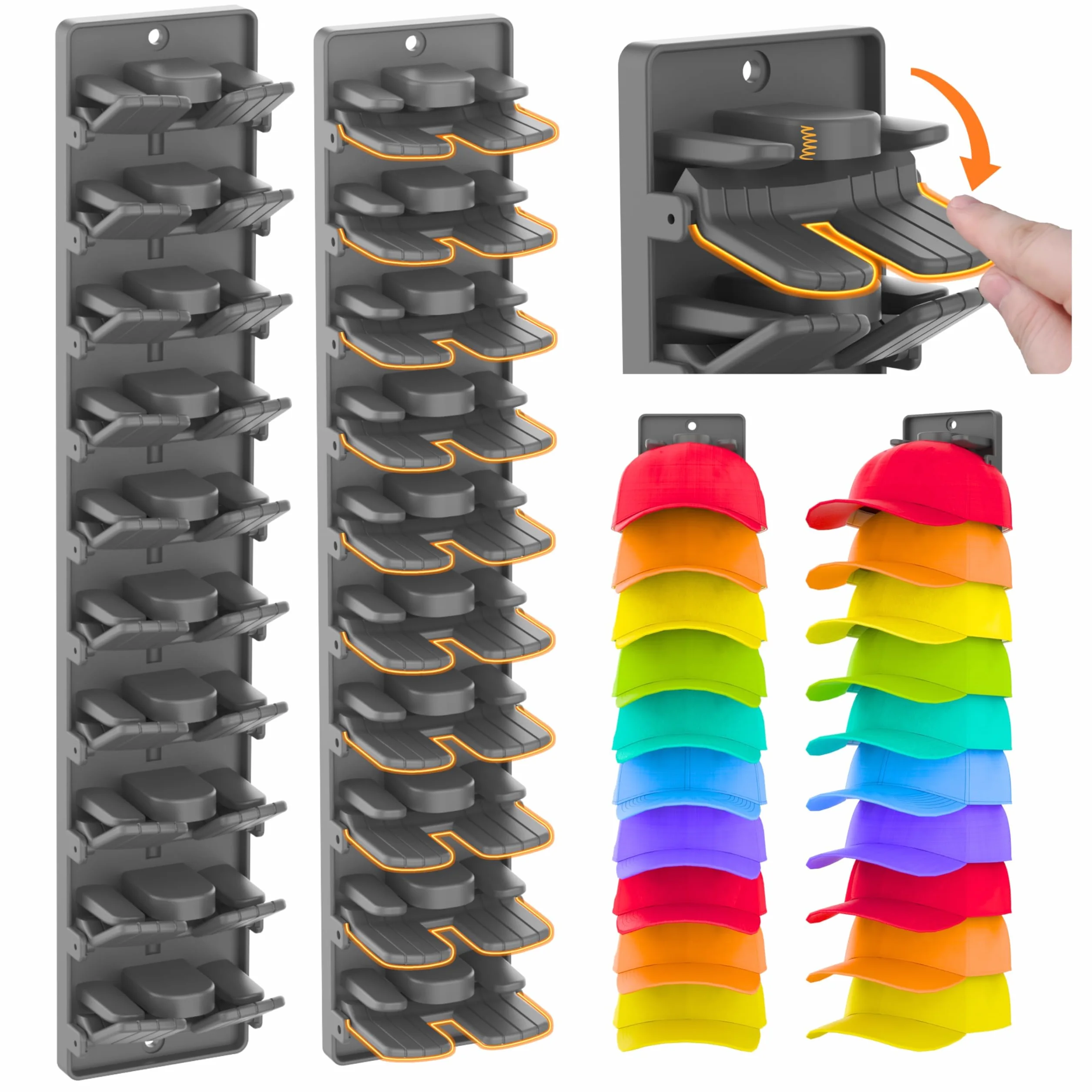Estante de Pared 2 Piezas Soporte para Gorras con Pinzas Integradas para Hasta 20 Sombreros, Soporte de Gorras de Pared Multicapa, Almacenamiento de Gorras con Fuerte Adhesivo y Tornillos