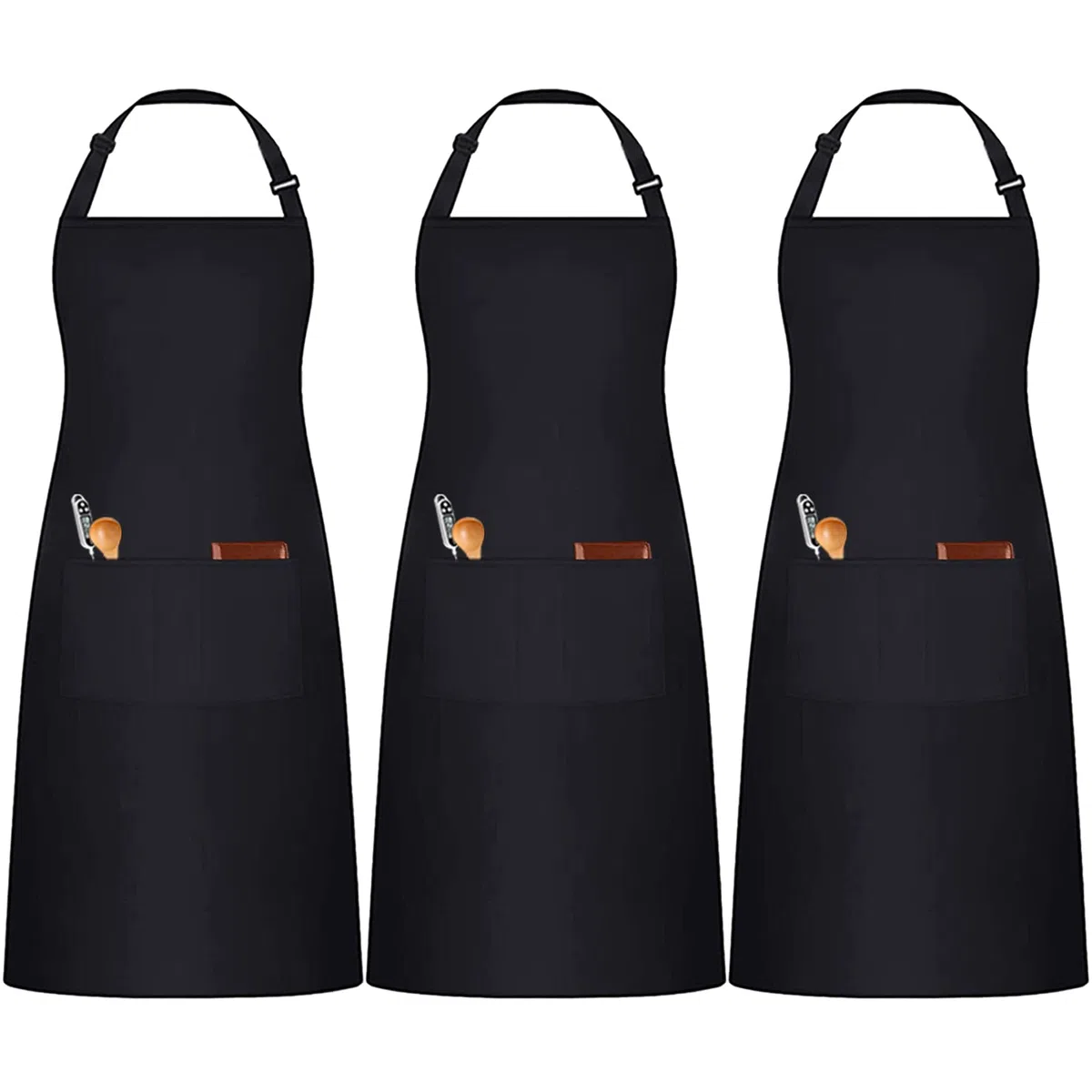 Paquete de 3 Negro Delantales, Ajustables Cocina Delantal con 3 Bolsillos para Hombres y Mujeres, Profesional Trabajo Delantal para Camarero Chef Barbero Restaurante Café Bare (Polialgodón)