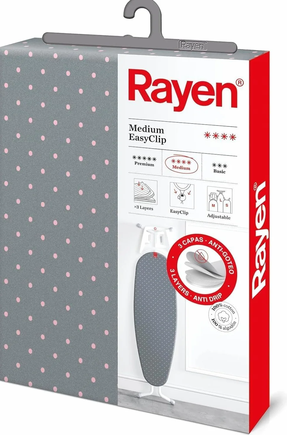 Rayen - Funda para tabla de planchar Universal con sistema EasyClip, 3 capas (Espuma, Muletón y tejido 100% de algodón) 130x47 cm, Gris con lunares rosas (6112.04)