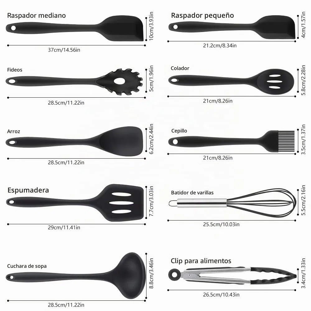 Utensilios de Cocina de Silicona, Herramientas Antiadherentes para Hornear Resistentes al Calor -10 Juegos - Negro (Cucharas de Cocina,Cucharas de Drenaje,Espátulas,Pinza,Cuchara para Espaguetis)