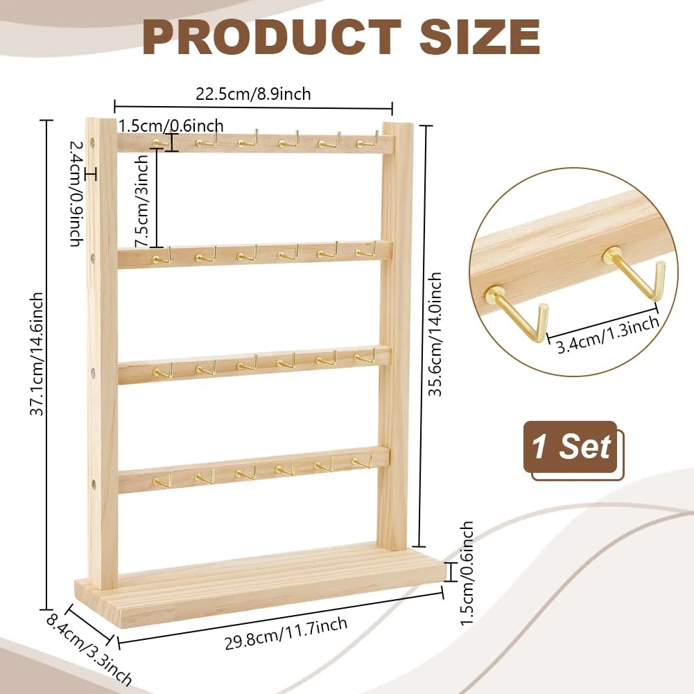 PH PandaHall Expositor de pendientes para vendedores con 24 ganchos, 4 niveles, organizador de joyas de madera para vendedores, pendientes, tarjetas, collares, pulseras, llaveros. Blanco marfil