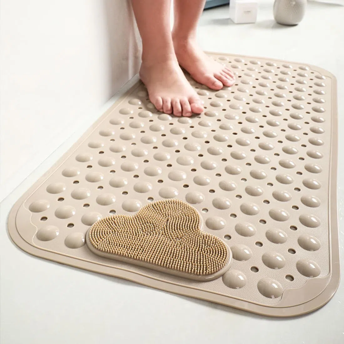 Alfombrilla de ducha antideslizante, 70 x 40 cm, alfombrilla de baño antideslizante con ventosas, alfombra para plato de ducha antideslizante confort masaje, lavable a máquina, caqui