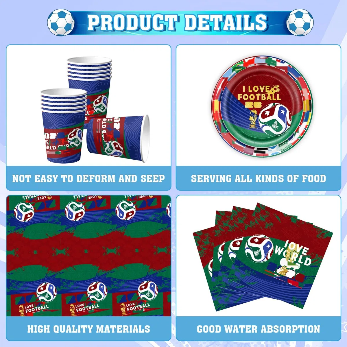 52pcs WM 2026 Juego de Vajilla para Fiesta de Fútbol, Fútbol Party Tableware Set para Cumpleaños Incluye Platos Vasos Servilletas Mantel y Pancarta, para Cumpleaños de Fútbol 10 Invitados
