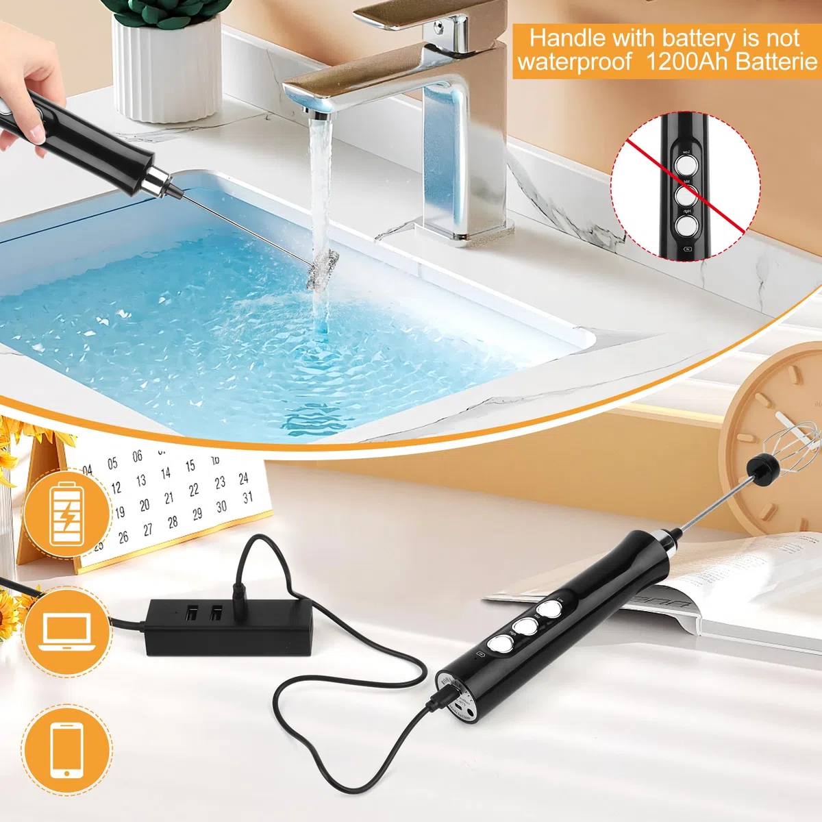NVIYAM Espumador de Leche, Espumador Leche Electrico - USB Recargable, Mini Batidora Portátil, Espuma Electrico con 3 Batidores de Acero Inoxidable, 3 Velocidades para café, Matcha, capuchino